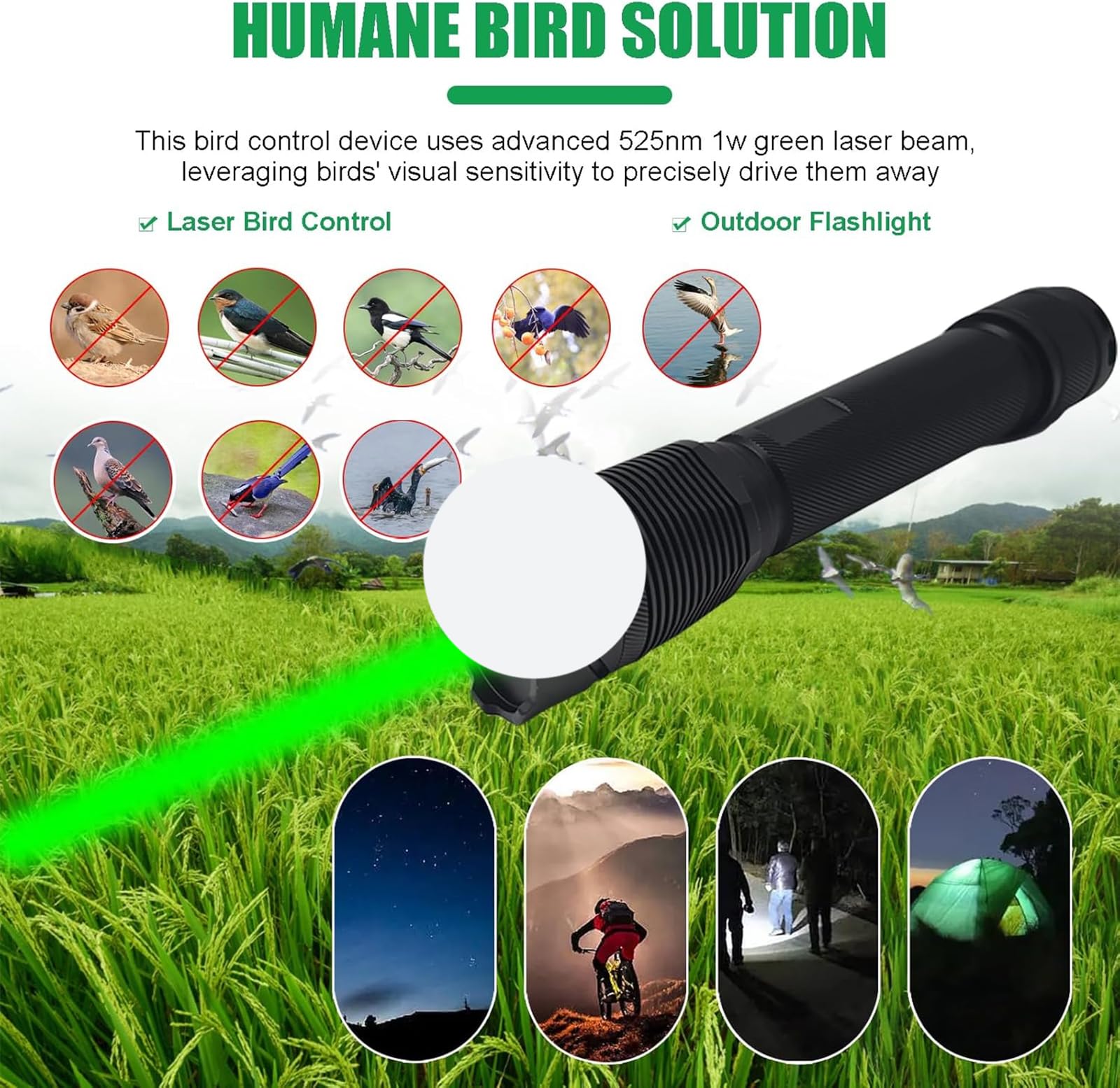 Dispositivos Portátiles para Ahuyentar Aves | Brillo Ajustable (Alto/Medio/Bajo), Recargable, Con Cubierta Protectora, Ideal Para Palomas, Pájaros Carpinteros, Gorriones