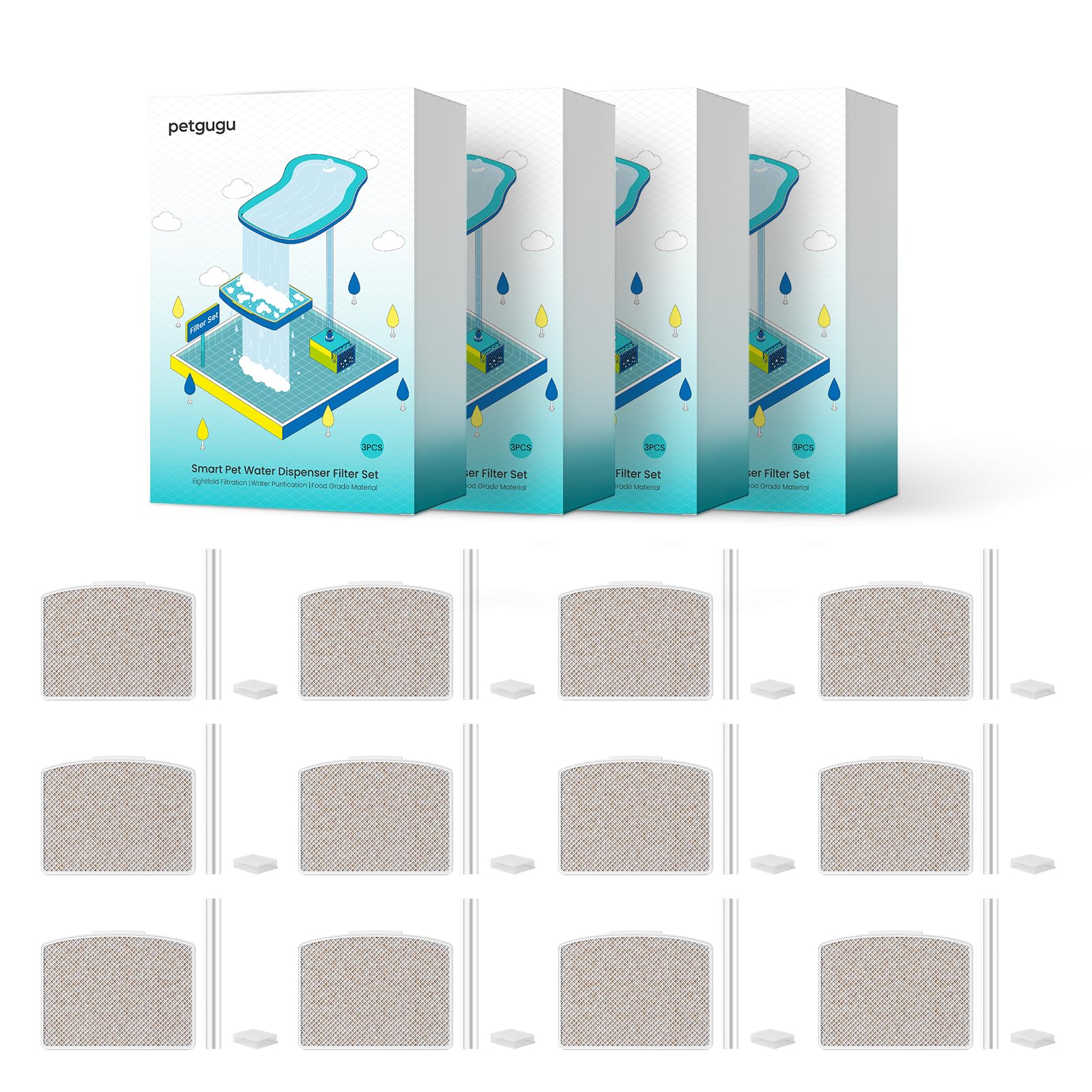 PETGUGU 12PCS Filtro Fontanella per Gatti, Filtro di Ricambio per PF1 e PF1L, Sistema di Filtraggio a 8 Stadi, Filtri Carbone Attivo per Acqua Pulita e Fresca e Animali Domestici Sani