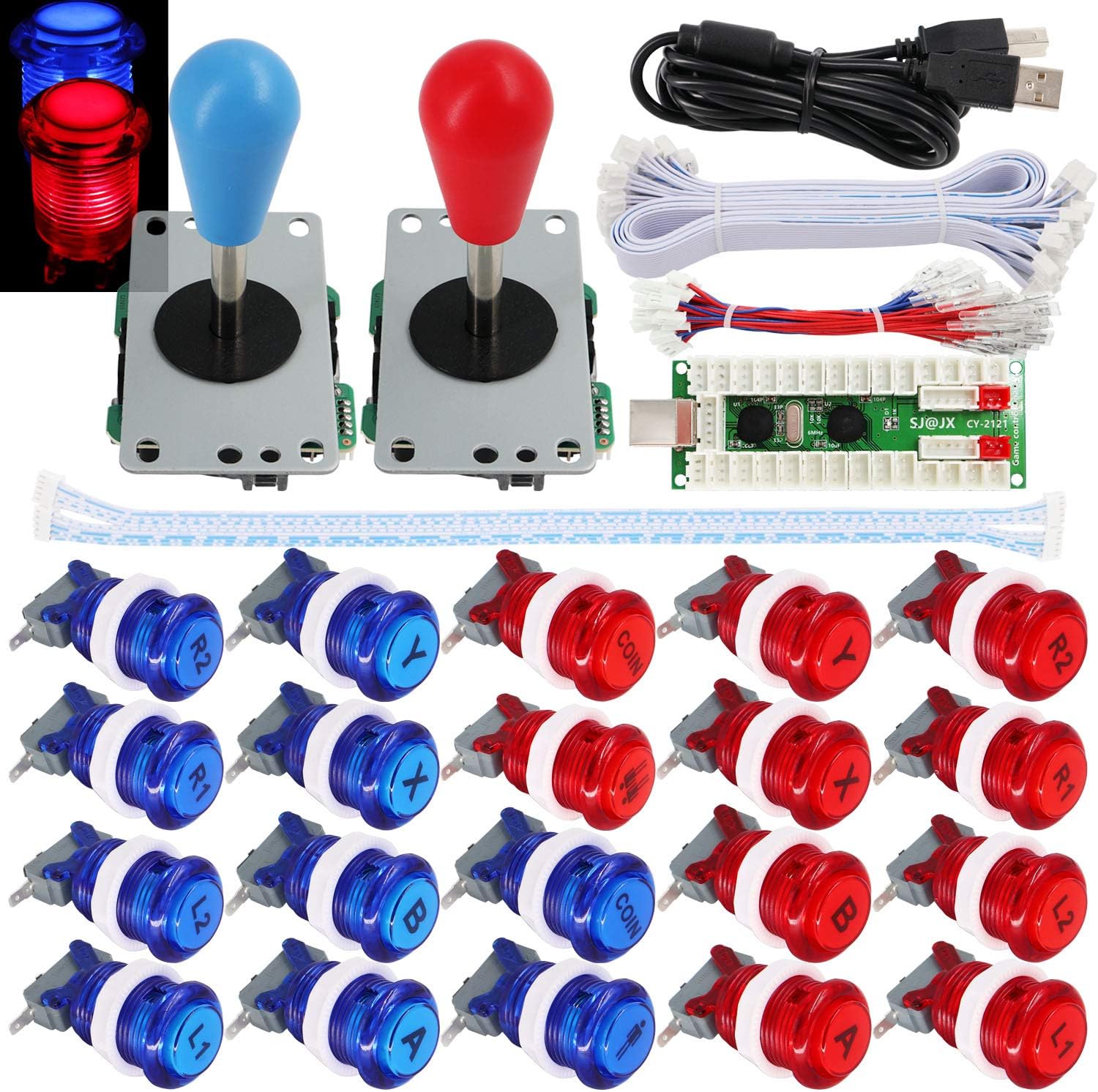 2 Player Arcade Game Stick DIY Kit Buttons with Logo LED 8 Way Joystick USB Encoder Cable Controller for PC MAME Raspberry Pi Red Blue
