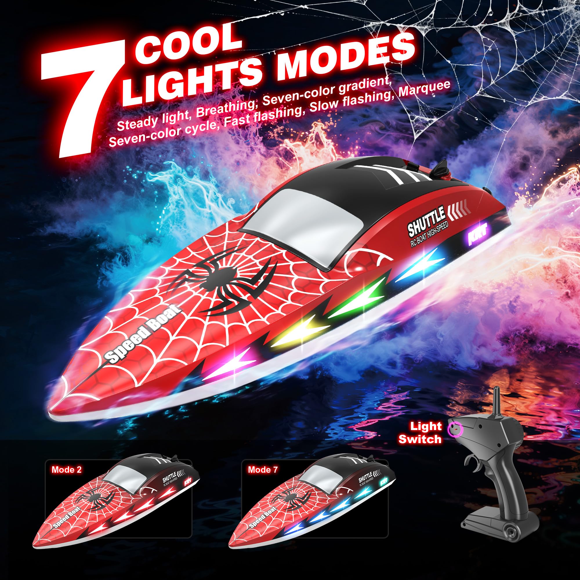 Barco teledirigido con 7 modos de luz, barco teledirigido de 20 km/h, con modo de un clic, 2,4 GHz barcos de carreras con 2 pilas, 40 minutos de tiempo de juego y graffiti de arañas, piscinas y lagos