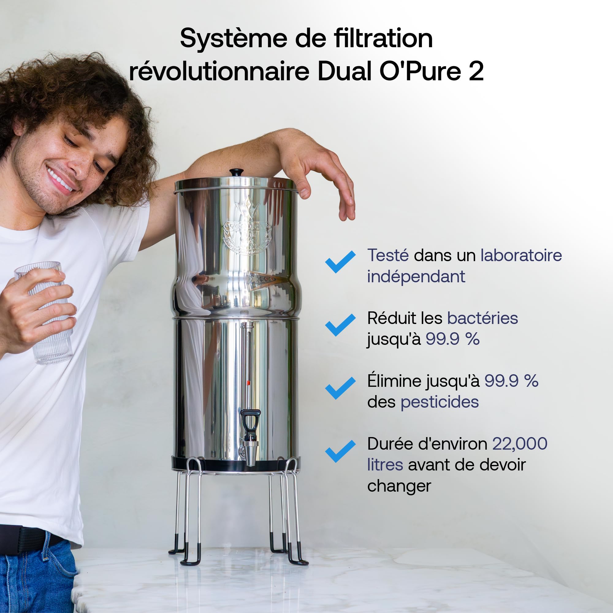 Weeplow® Earth - Système de Filtration d'Eau par Gravité 8,5 Litres AISI 304 avec 2 Eléments de Purification O'Pure 2, Robinet avec Niveau d'Eau et Support Inox Offert