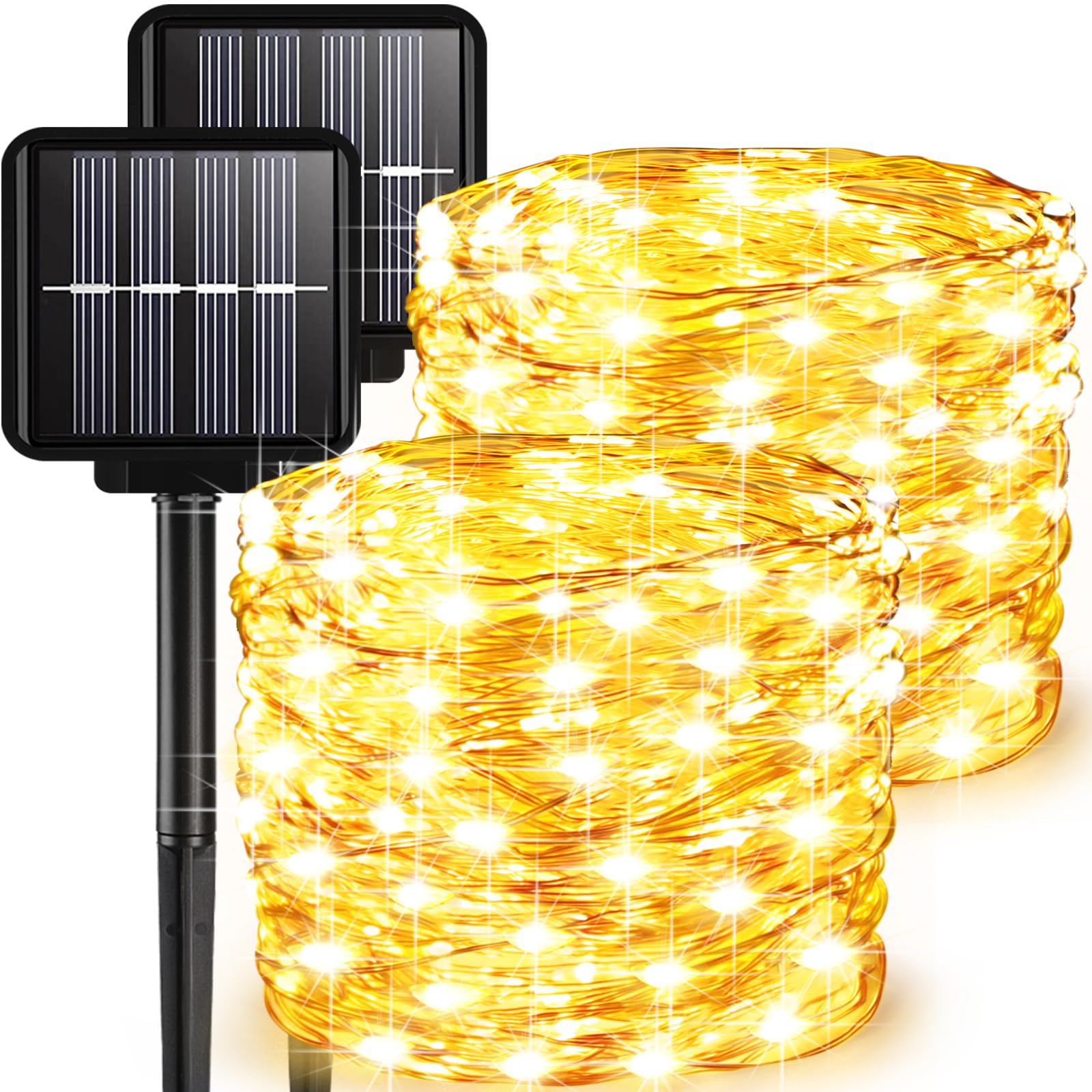 2 Pack Solar Fairy Lights Outdoor, 33 Feet 100 LEDs 8 Modes String Lights for Outside, Waterproof Solar Outdoor Light for Patio Yard Christmas Tree Halloween Wedding Party Decorations, Warm White
