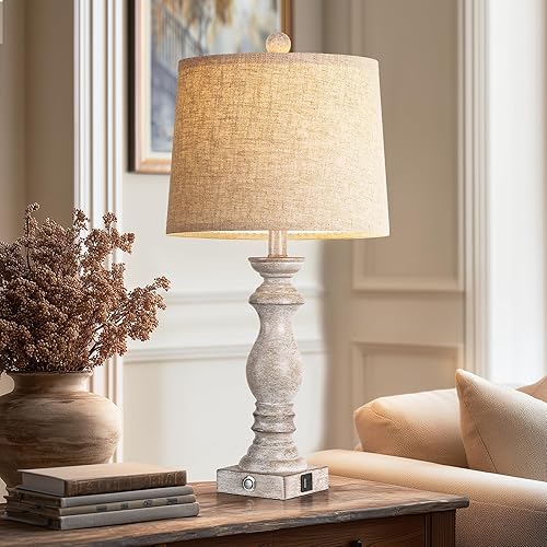 Miniatura 8 de Juego de 2 lámparas de mesa de 24.5 pulgadas, lámparas de noche rústicas de granja con puertos de carga USB A+C, lámparas de mesa de noche