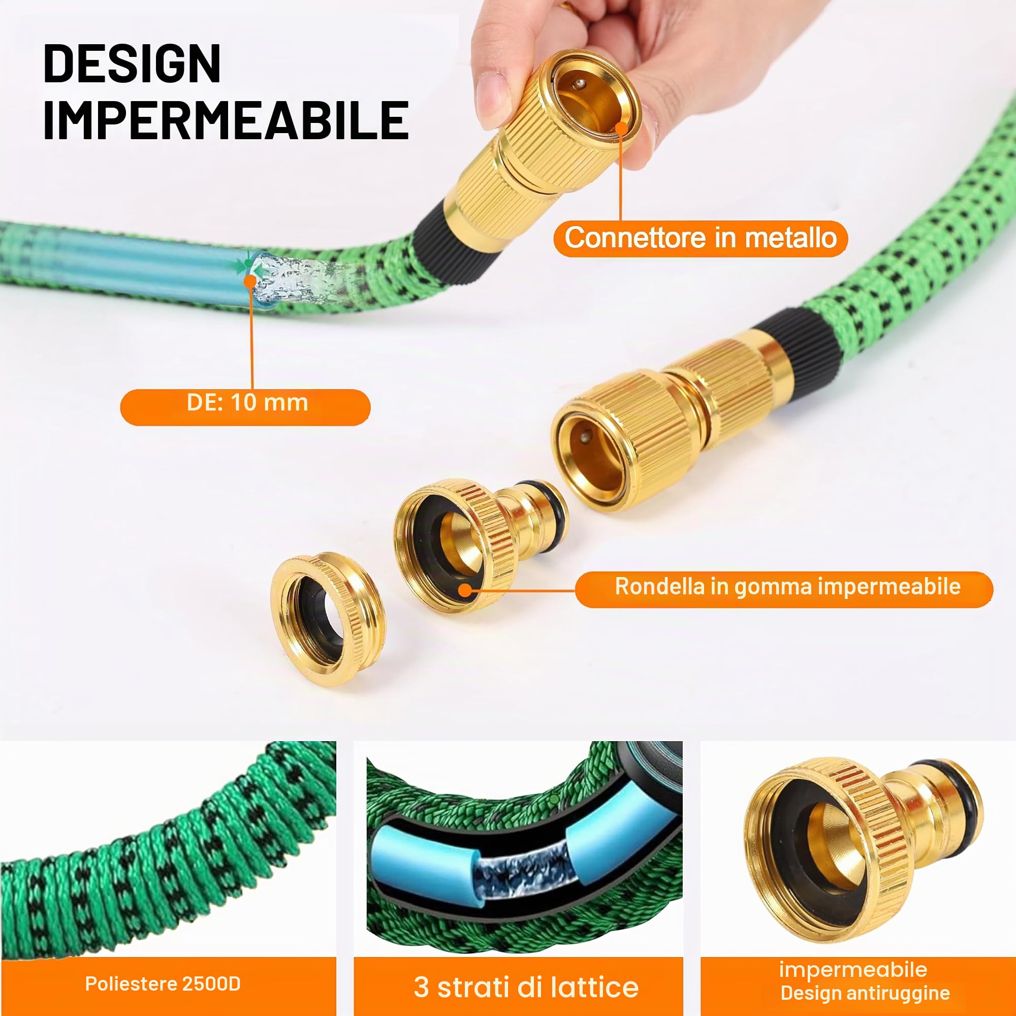 Tubo da Giardino Estensibile Tubo da Giardino 100FT/30m, Tubo per Irrigazione con Ugello a 10 Funzioni,Tubo Irrigazione con Raccordi in Ottone da 3/4" Per Lavaggio Auto, Giardino, Prato (100FT/30m)