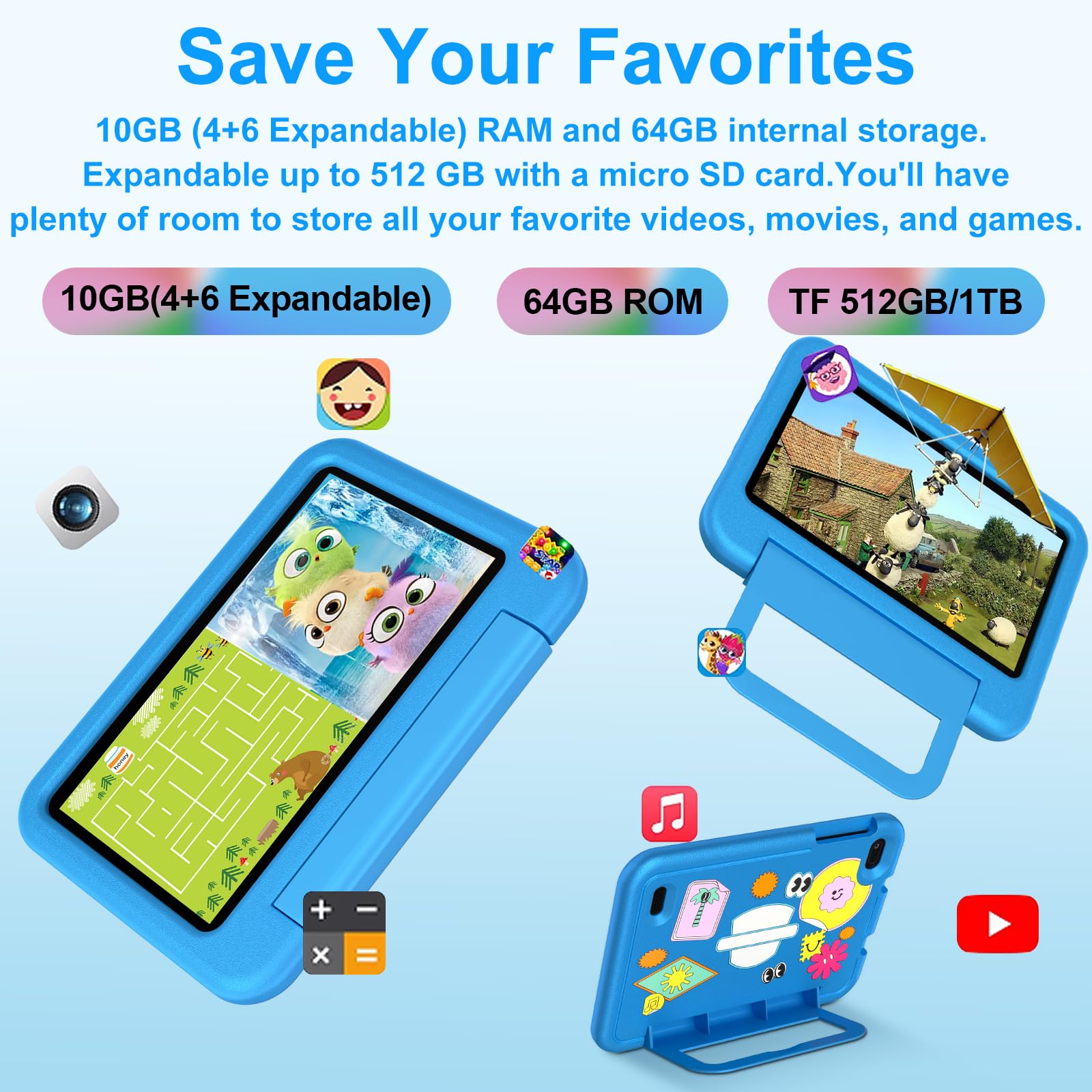 DEERTiME Tablet Andorid 14 Bambini 7 Pollici 10GB RAM + 64GB ROM (TF 1TB), WiFi 6, BT5.0, Octa-Core, Controllo Parentale | Doppia Fotocamera | GMS Certificated | GPS | Tablet con Custodia EVA - Blu