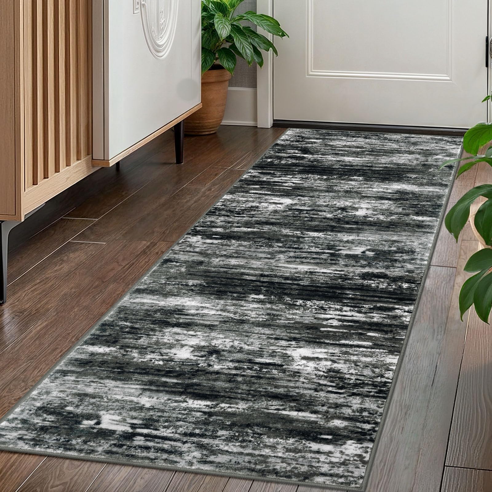 KOZYFLY Kitchen Runner Rug for Hallway Non-Slip Modern Abstract Runner Rug 2x5 Black Grey, Washable Carpet Runner Laundry Room Mat with Soft Low Pile for Entryway Bathroom Bedroom Kitchen — image 1
