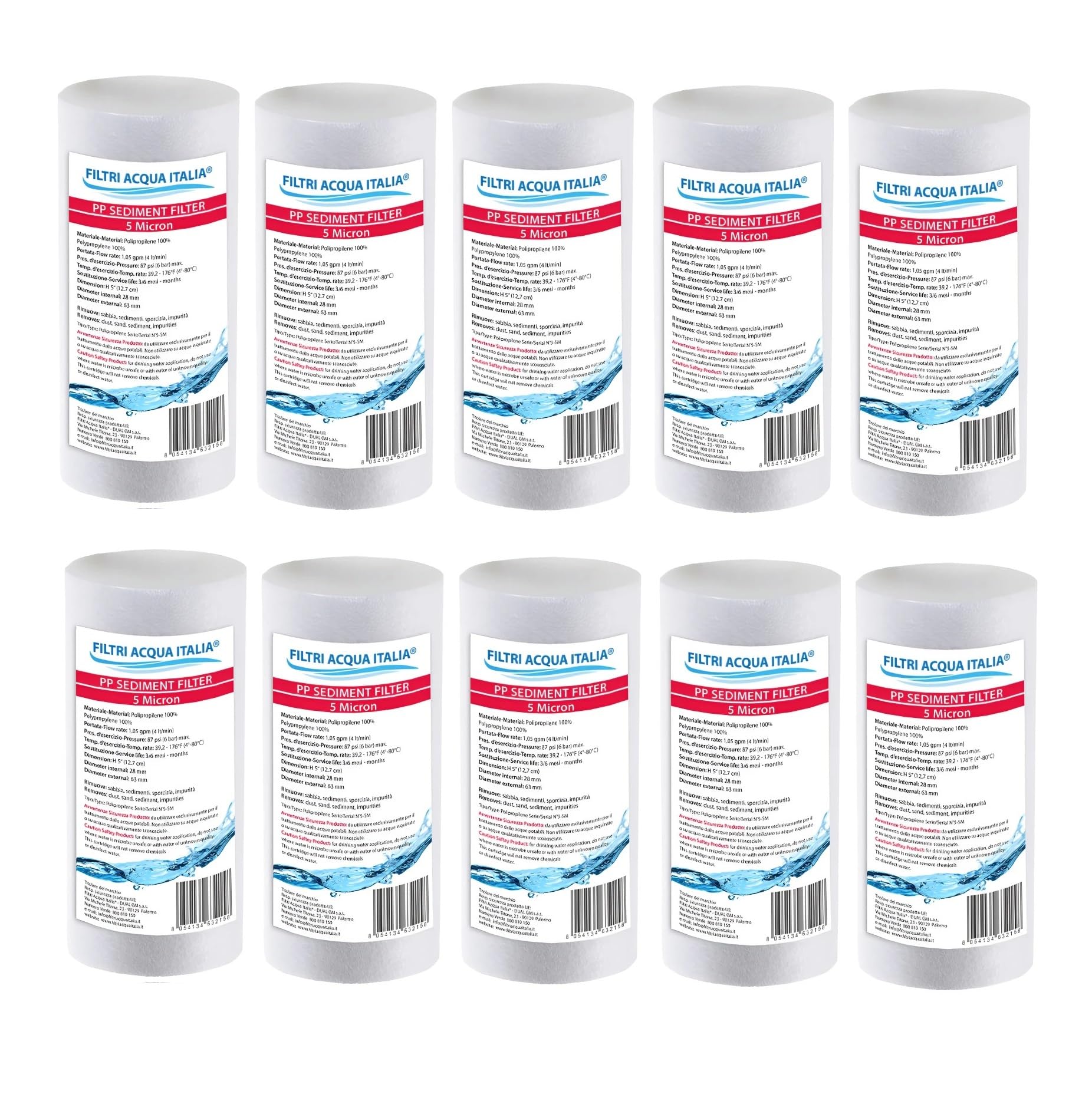 CARTUCCIA FILTRO A SEDIMENTI 5 POLLICI MICRON 5 PER OSMOSI INVERSA DEPURATORE ACQUA SET 10 PEZZI