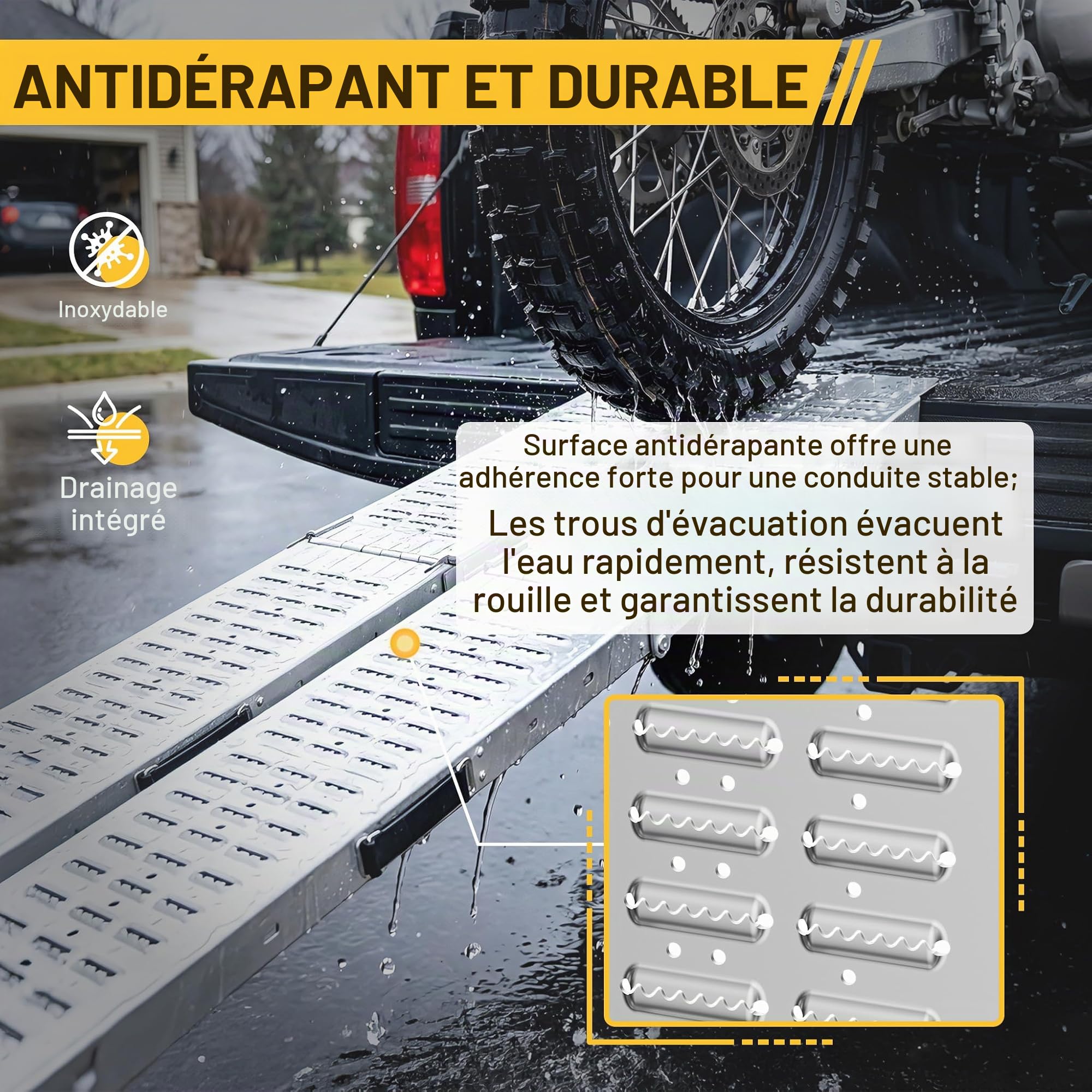 XMTECH Rampe de chargement pliable en acier galvanisé 400 kg/paire max - Rampes de chargement pour remorque, moto, caravane, voiture (2 pièces pliables-B) Argent