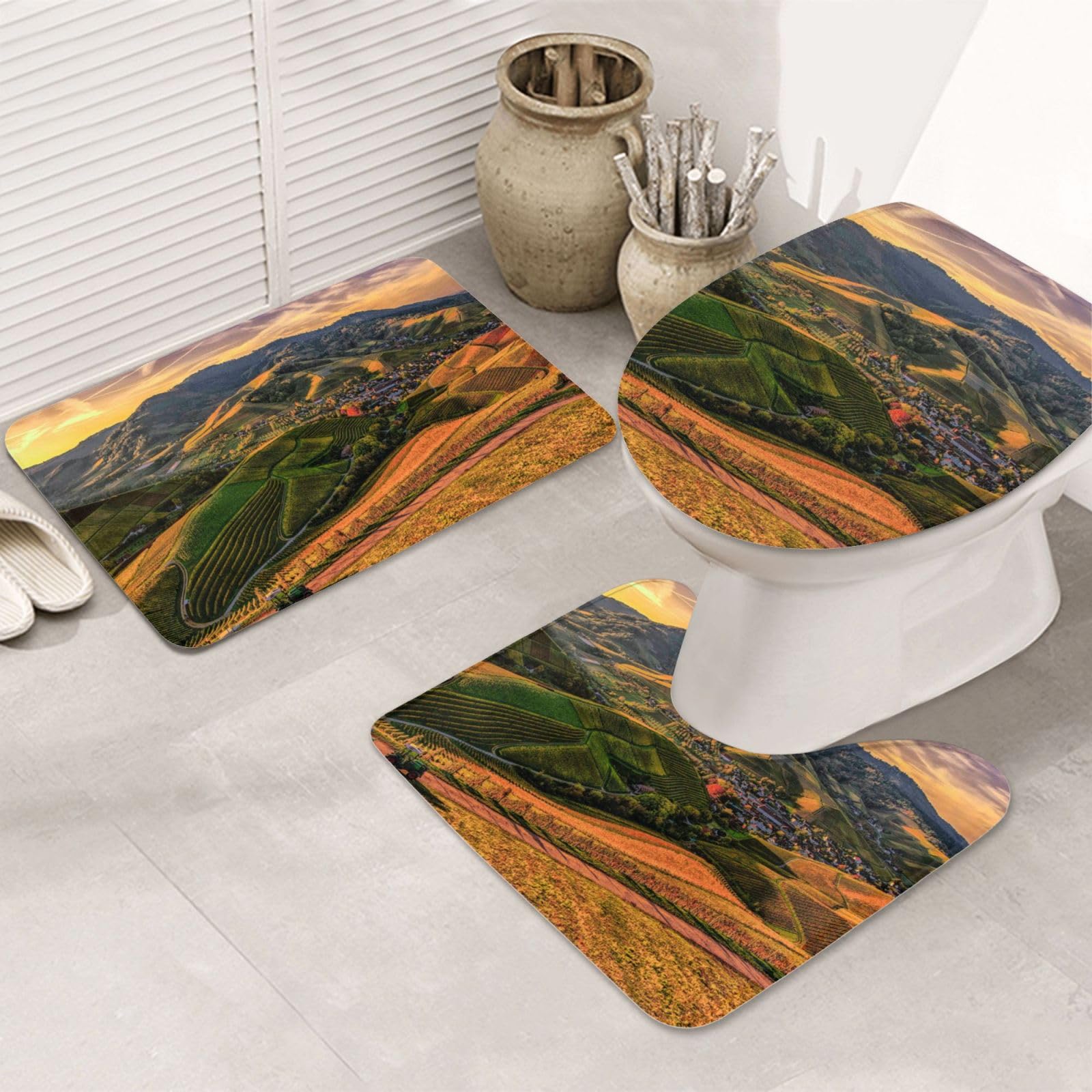 Tapis de bain antidérapants 3 pièces motif terres agricoles avec contour et housse de toilette