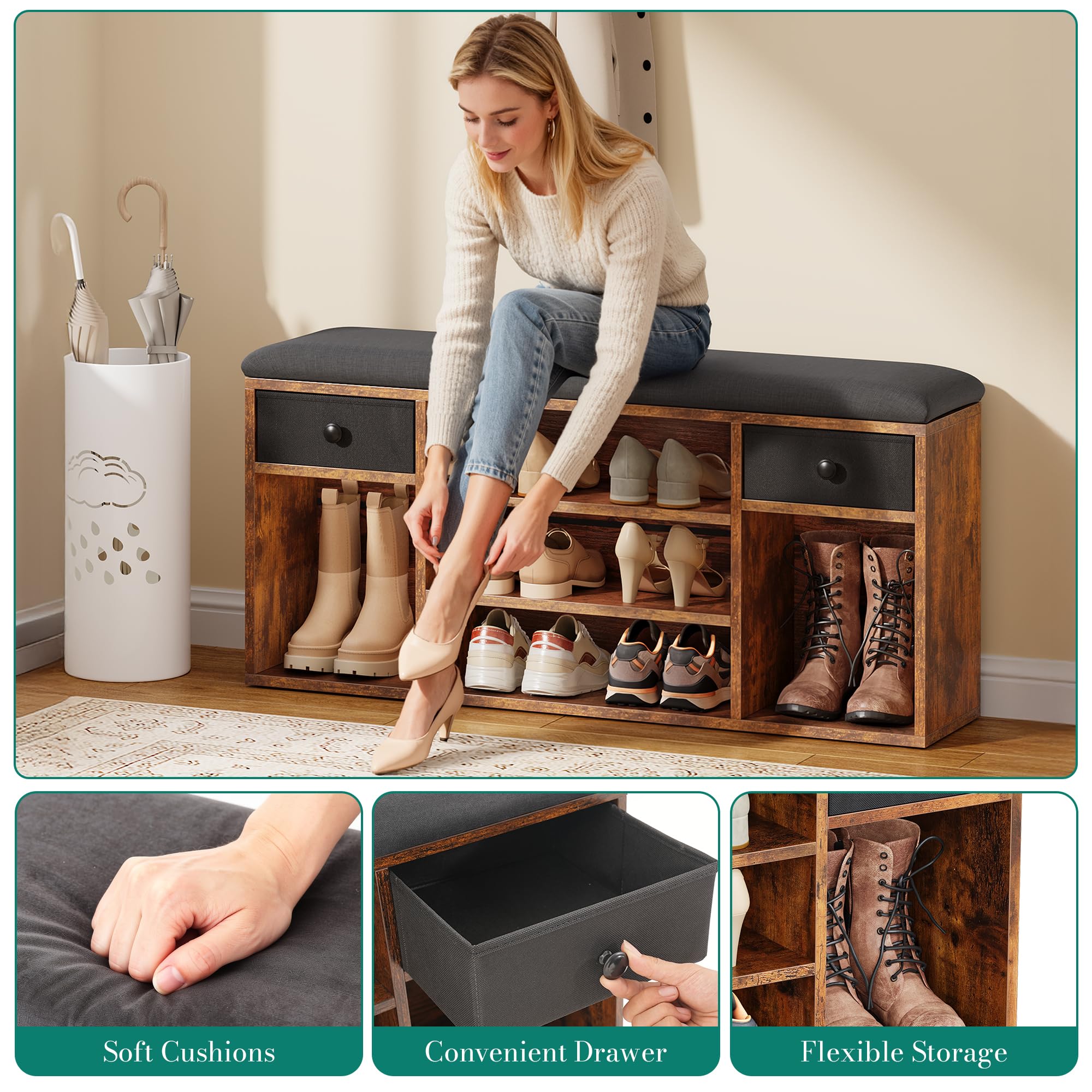 YITAHOME Banco Zapatero con Cojín, Banco de Pasillo, 2 Cajón de Tela y Compartimentos Abiertos, Banco de Almacenamiento, 5 Compartimentos, Almacenamiento Oculto, Marrón y Negro