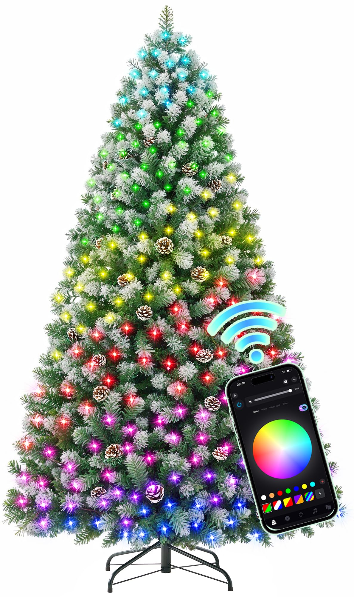 HOLLO STAR 6 ft Prelit Christmas Tree with 250 LED Lights, App Control, Artificial Christmas Tree, Multi-Color RGBW Lights, 914 Flocked Frosted Tips, 58 Pine Cones, Metal Base, for Home, Party