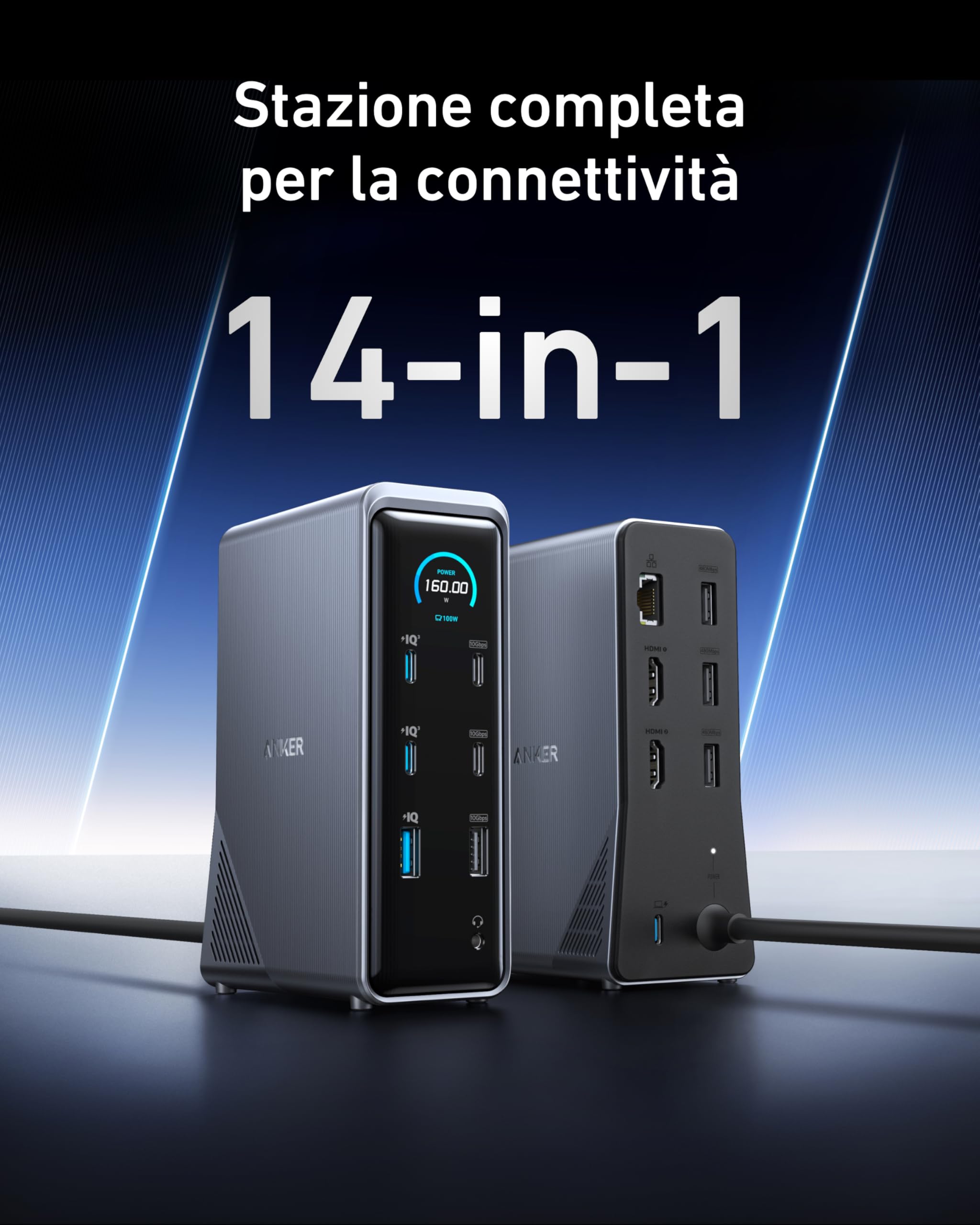 Anker Prime Docking Station 14 in 1 160W, Stazione di Ricarica 160W, Trasferimento Dati Rapido 10Gbps, Display Intelligente, Porte Audio Ethernet, Doppio Monitor 4K, per MacBook, Dell, e Altro