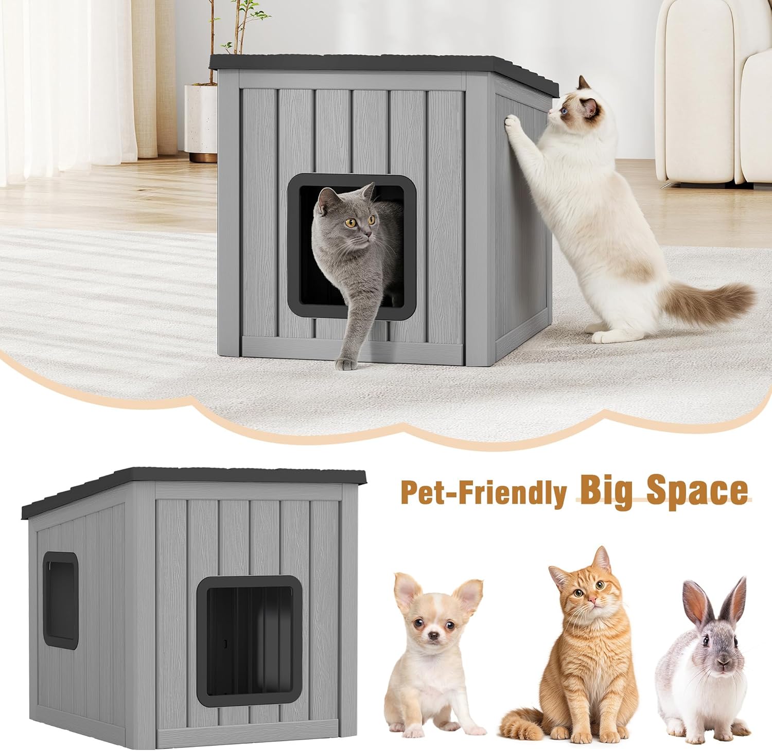 Large Outdoor Cat House Weatherproof, Plastic Cat House with Dual Door, Feral Cat Shelter for Porch, Patio, Backyards,Garage, Neighborhood, Indoor(Gray)