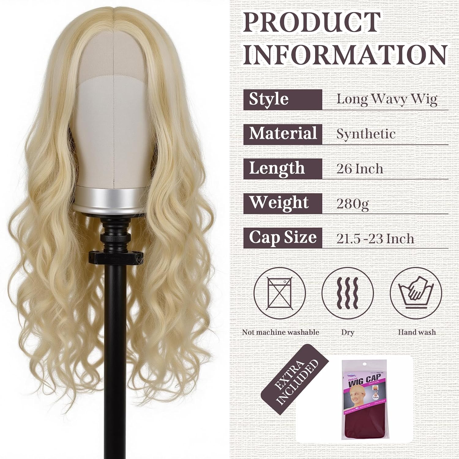 Mixed Blonde Wig 26in Long Wavy Blonde Wigs for Women, 13X4X1 HD T-part Synthetic Lace Front Wig Natural Looking As Human Hair Middle Part Pre Plucked Glueless Wigs for Daily Party Cosplay Use