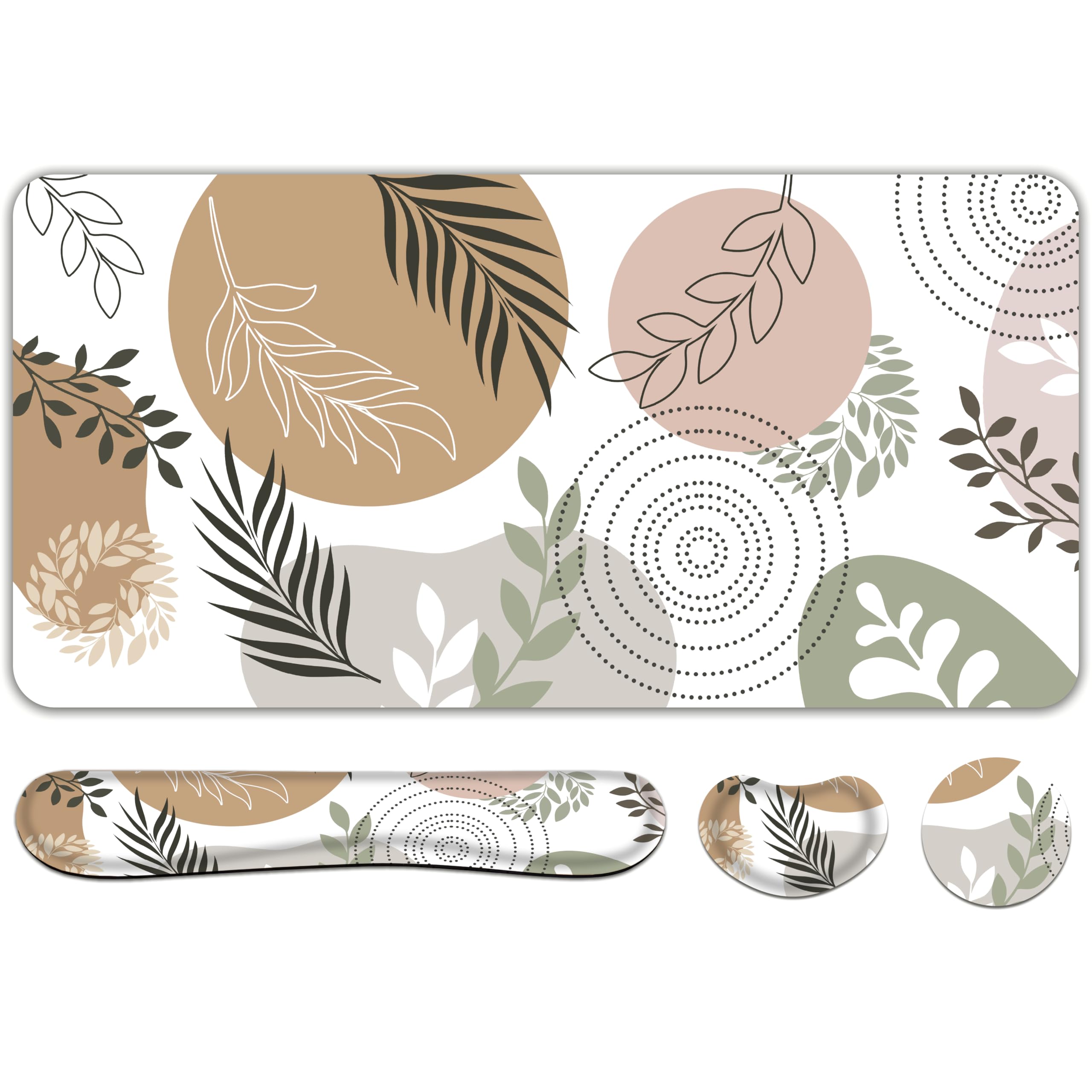 Doodlream 4-in-1 Desk Pad, Boho Leaf Theme, Desk Mat with Mouse Keyboard Wrist Support and Coaster, Ergonomic Design for Home Office Laptop Computer Desk Accessories