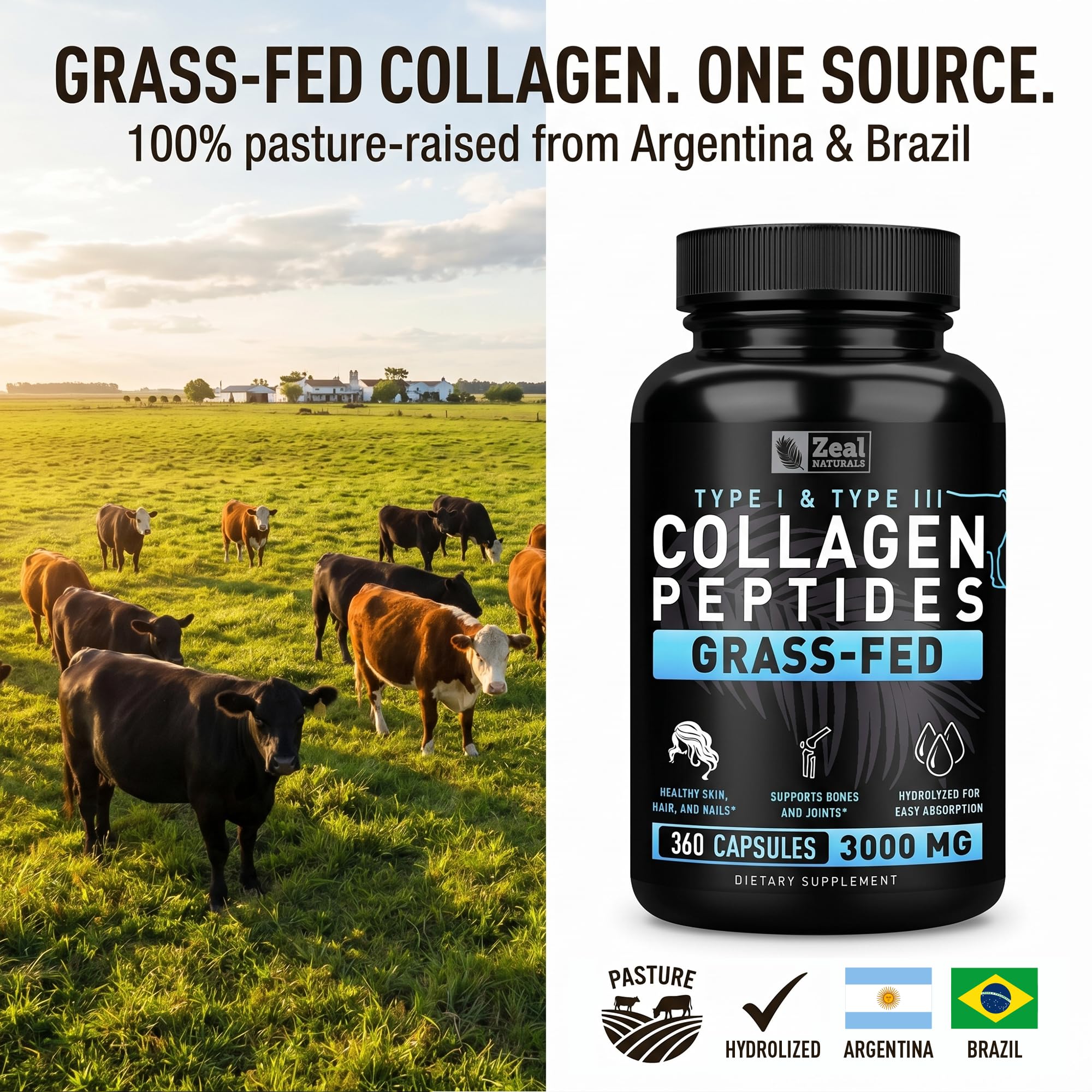 Collagen Peptides Capsules 360 Count - Grass Fed Bovine Hydrolyzed Collagen Pills - Hair, Skin & Nails, Joint Support - Collagen Supplements for Women & Men — Amazon image 2