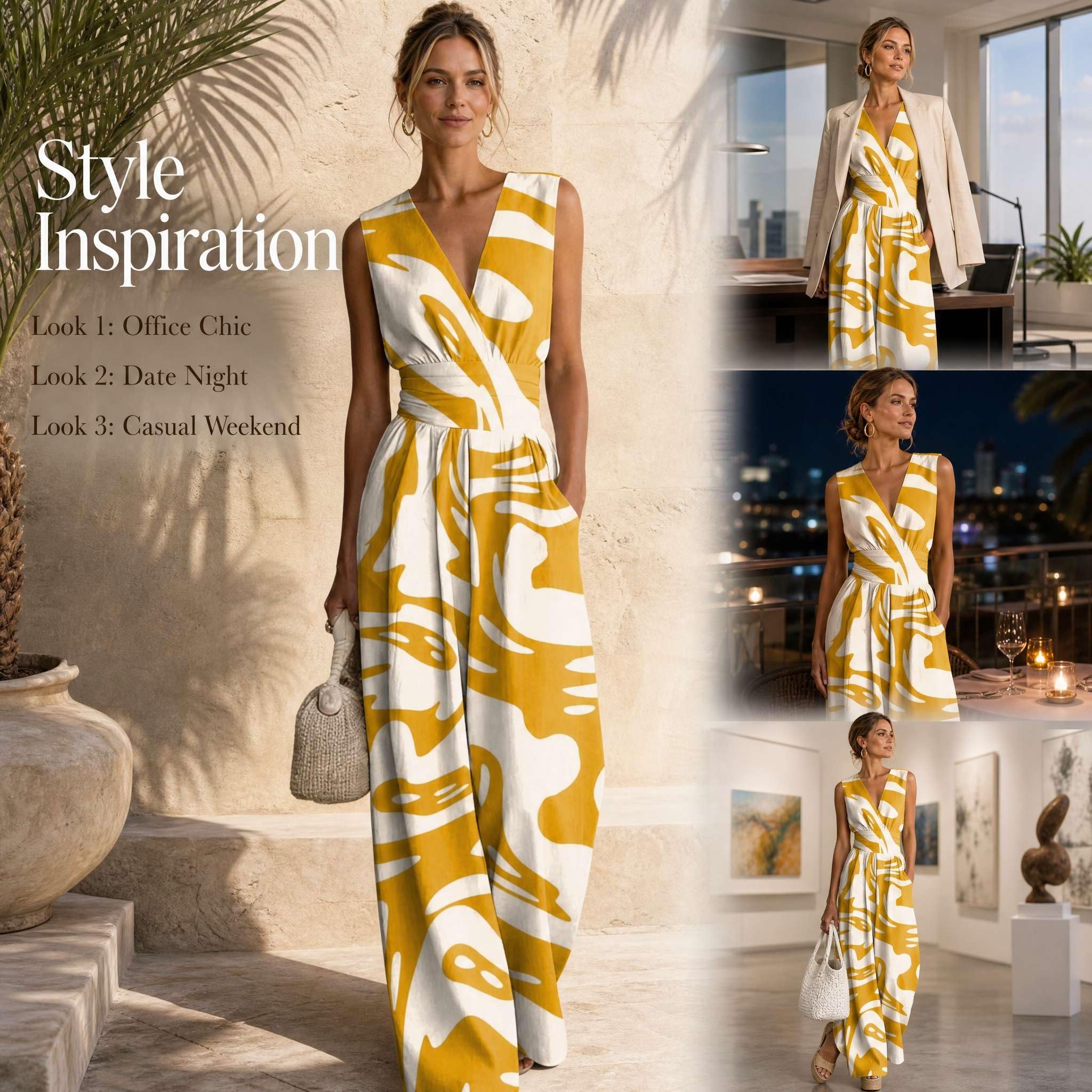 Generico Tuta Elegante Donna-Curvy V Neck Jumpsuit Boho Chic Tute da Cerimonia Vita Alta Casual Pantaloni Lunghi Fluida Maniche Lunghe Salopette Morbida Moderna Chic Summer Outfit
