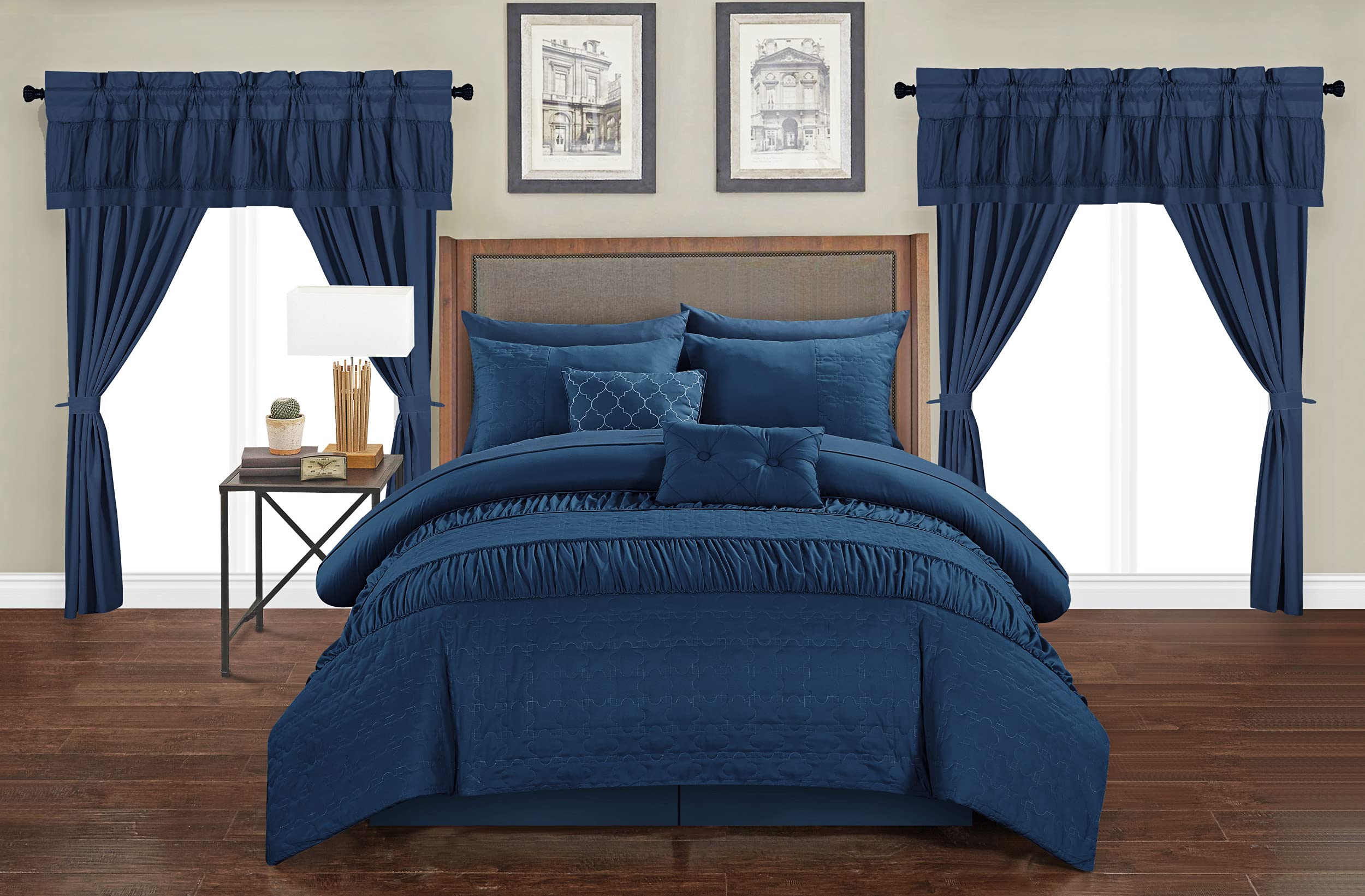 Mykonos 20 Piece Comforter Set Striped Ruched Ruffled Embossed Bag Bedding, Queen, Navy