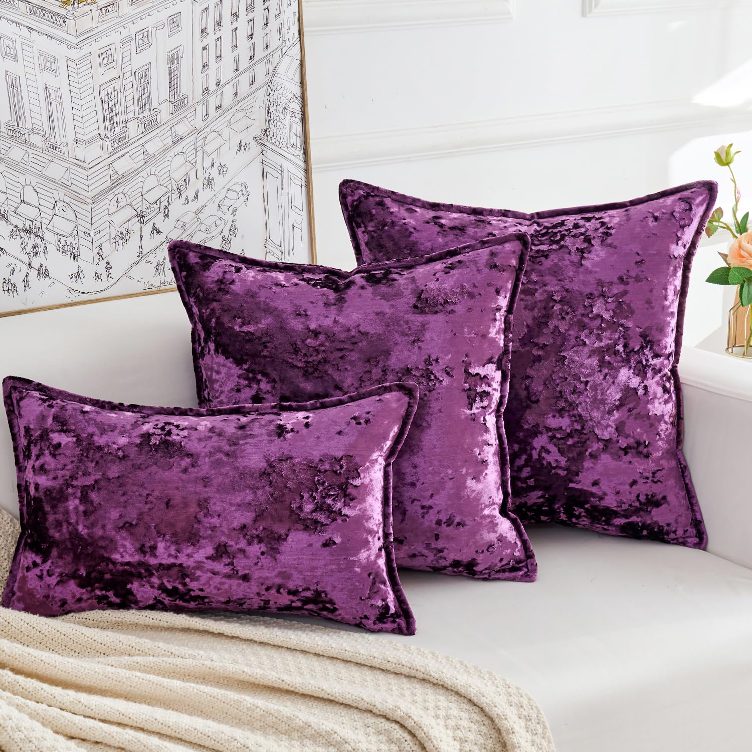 Yonous Premium Series, Crushed Velvet Cushion Covers, Luxury Thick Throw Pillow for Home Decor Eggplant Purple