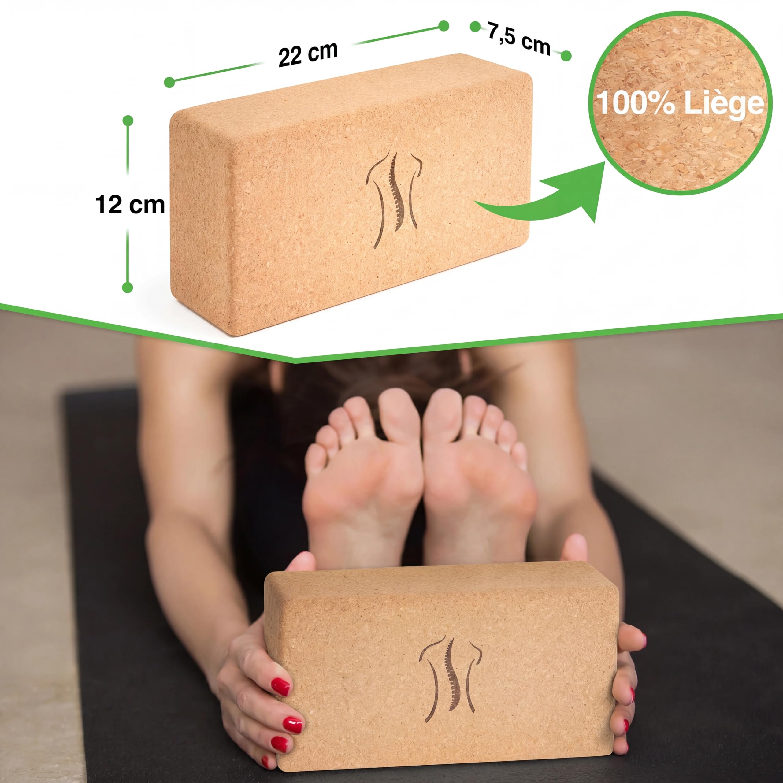 BACKLAXX® Brique yoga en liège à l'unité | Bloc yoga 100% naturel durable | Agréable pour la peau | Fabrication écologique | Vidéo d’utilisation offerte