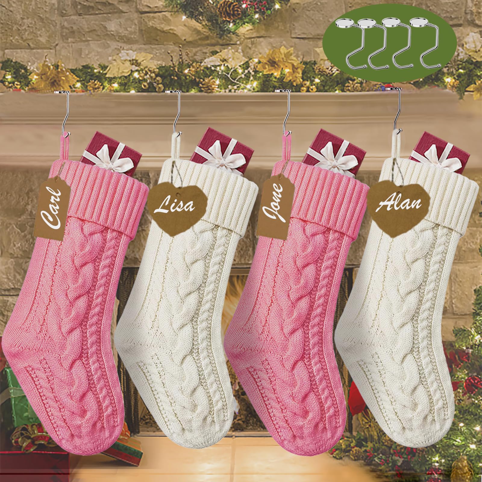 Photo 1 of 4 Pack Christmas Stockings with 4 Metal Holders & 8 Name Tags, 18 Inches Large Personalized Cable Knitted Stockings Xmas Hanging Stocking Decorations for Family Holiday Christmas Decor, Pink, Ivory 2+2 Pack