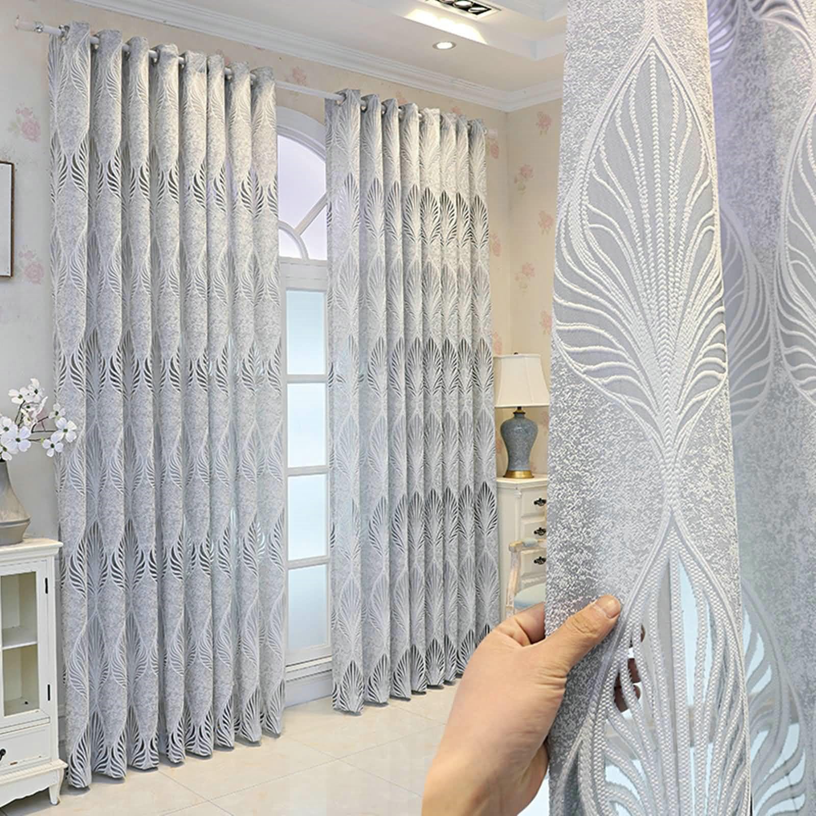 Vorhänge Durchsichtig Fenster, Vorhänge Einfach Blättermuster Vorhänge Wohnzimmer 2er Set H 115 x B 132 cm, Grau