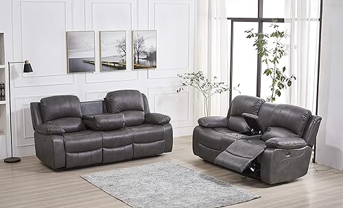 Betsy Furniture Juego de sala de estar de cuero regenerado reclinable eléctrico (gris, sofá+sofá biplaza)