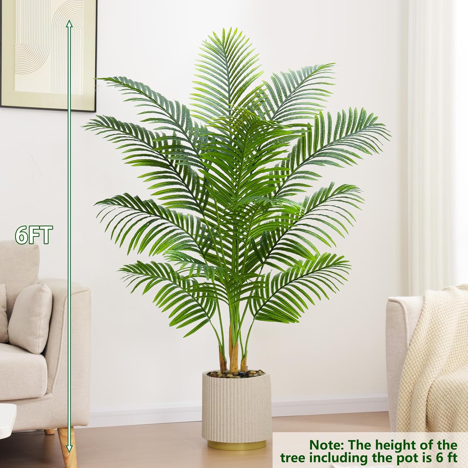 Artificial Palm Tree Plant 6FT Tall Fake Tropical Palm Tree in Pot, Real Bark Design Faux Areca Palm Tree for Home Office Living Room Bedroom Farmhouse Modern Indoor Outdoor Topiary Tree (18 Trunks) - Image 3