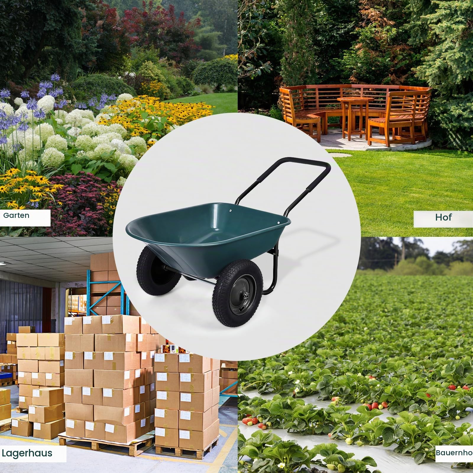 SOARS Schubkarre 100 Liter Volumen, Gartenschubkarre mit 2 Luftreifen, Gummigriff, Schiebkarre Transportkarre, ideal zum Bewegen von Boden, Pflanzenstrauch, Gartengerät, 65 x 145 x 65 cm (Grün)