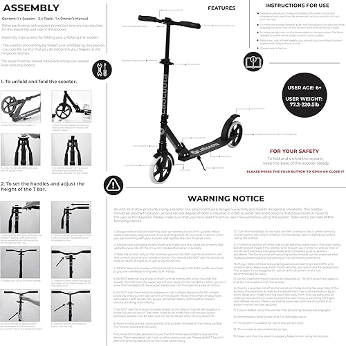 Miniatura 9 de LaScoota Kick Scooter for Kids Ages 6+, Teens & Adults - Max Load 220 lbs, Lightweight, Big Sturdy Urethane Wheels. Adjustable Handlebar, Foldable