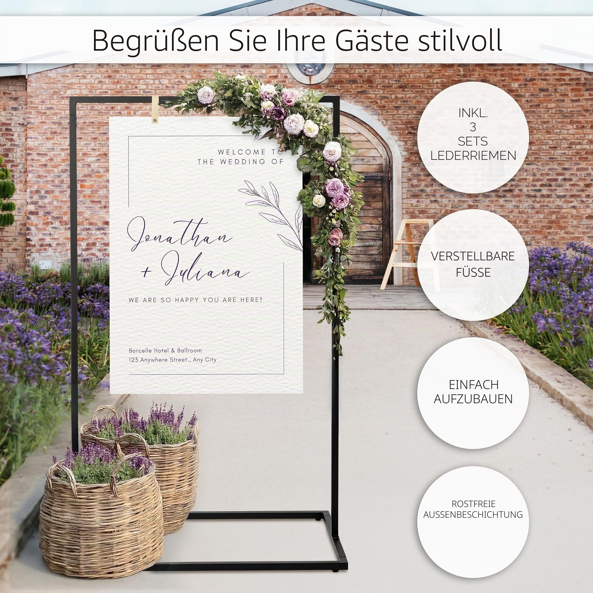 Eleganter Hochzeits-Willkommensschilder-Ständer – stabiler "Welcome to Our Wedding Sign Holder for Seating Charts & Event Decor" – Eine schöne schwarze Metall-Staffelei, um Gäste willkommen zu heißen