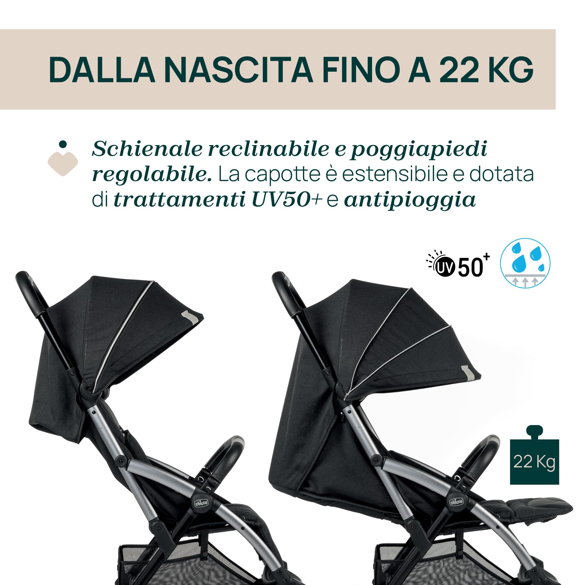 Chicco Goody Plus, Passeggino 0 Mesi-4 Anni, con Chiusura Automatica e Compatta, Capotte Estensibile con Trattamenti UV50+ Antipioggia, Schienale Reclinabile e Regolabile in 3 Posizioni, Poggiagambe