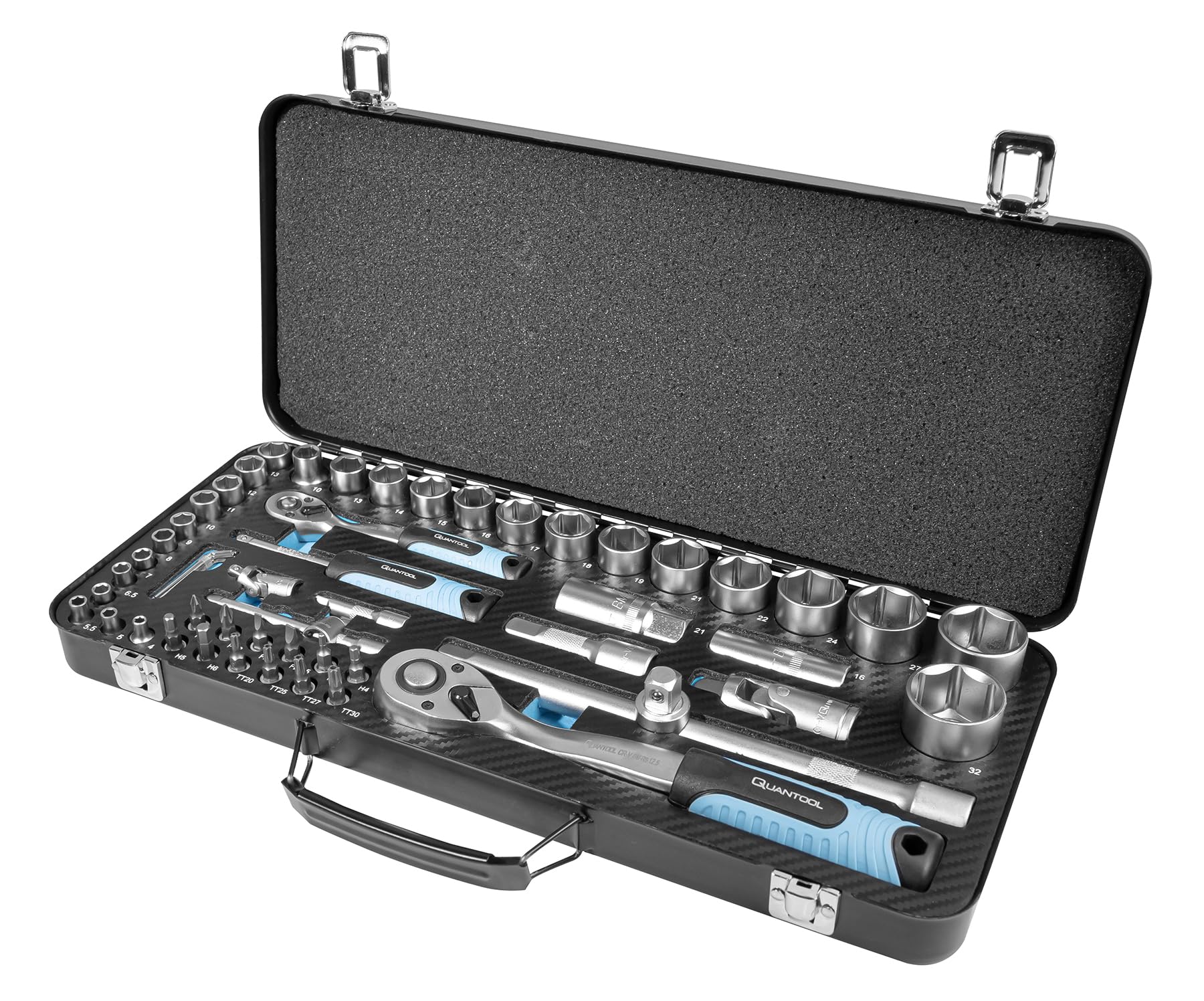 Quantool Q25010 zestaw bitów nasadowych 56-częściowy – w solidnej metalowej kasecie – grzechotki dwukierunkowe, wkładki 1/4", 1/2", wkrętaki kątowe ze stali CrV – dla majsterkowiczów, warsztatów i
