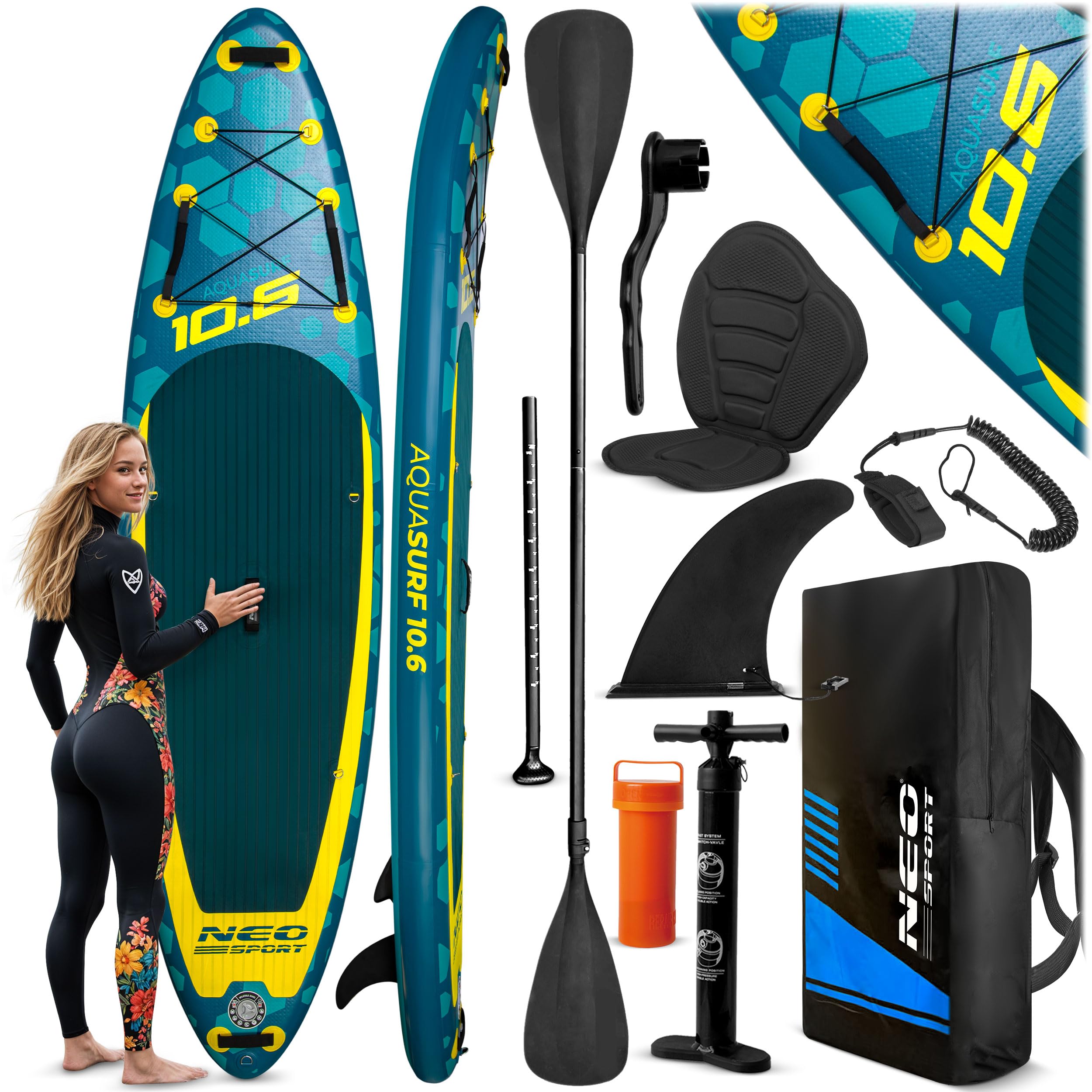 Neo-Sport Stand Up Paddle Board - SUP Aufblasbar Set - 320 cm - Mit Zubehör Handpumpe Paddel Leash Rucksack - Aquasurf 10.6 - Braun