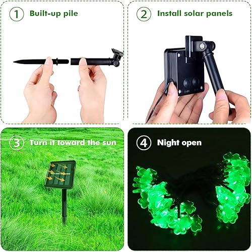 Miniatura 6 de X-GiftKey Guirnalda de luces solares de trébol para exteriores, 8 modos, 50 luces LED de trébol verde para decoración de regalos del día irlandés,