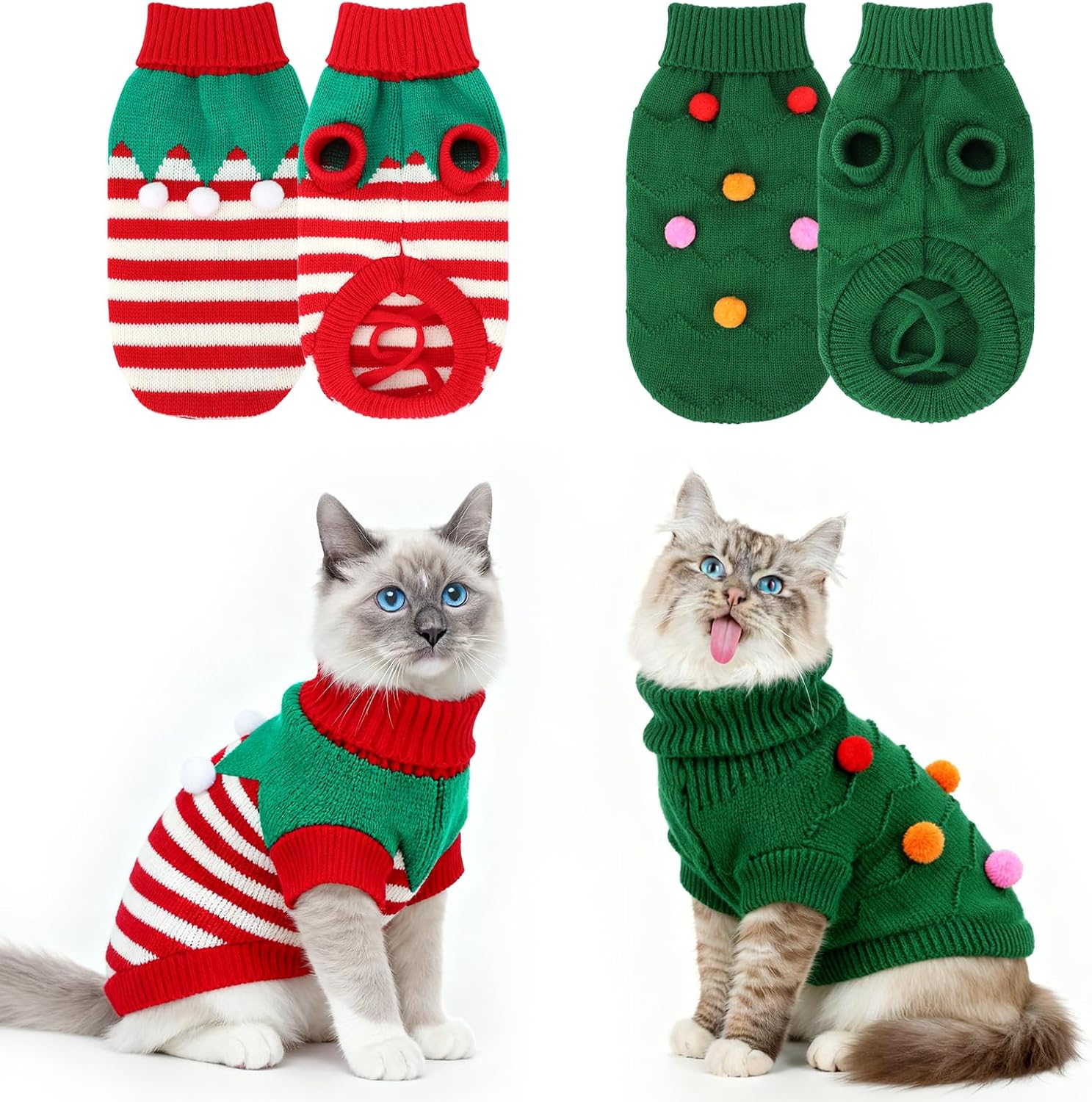 BWOGUE 2 Packs Cat Christmas Sweater Dog Sweaters Pet Cat Winter Knitwear Warm Clothes Christmas Tree with Ball Pet Sweaters for Kittys and Small Dogs