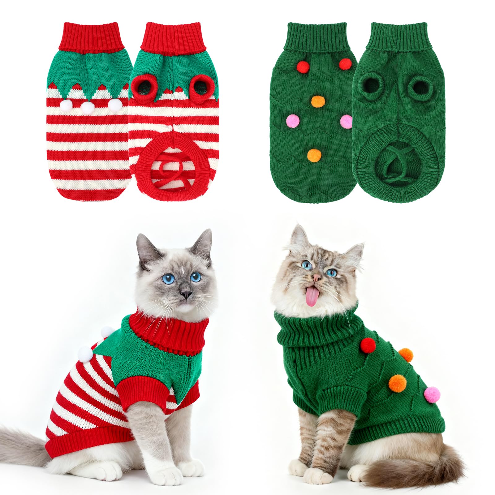 HYLYUN 2 Packs Christmas Jumper for Cats, Pet Turtleneck Knitwear Kitten Jumper, Cute Wavy Balls and Christmas Tree Cat Sweater Xmas Outfit for Kittys and Small Dogs S โ image 1