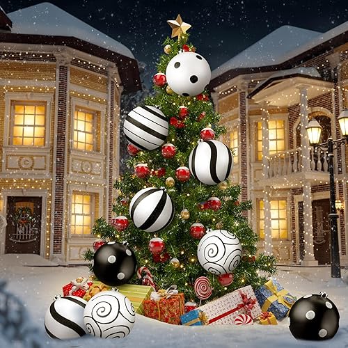 Miniatura 9 de Meooeck Paquete de 6 adornos de fiesta en blanco y negro con purpurina de 6 pulgadas, adornos blancos y negros para graduación 2024, decoración de