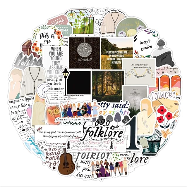 50Pcs Singer Folklore and Evermore Stickers, Music Album Waterproof Vinyl Stickers Decals for Laptop Water Bottle Bumper Luggage Computer Skateboard Snowboard. Gift for Kids Girls Teens (Folklore)