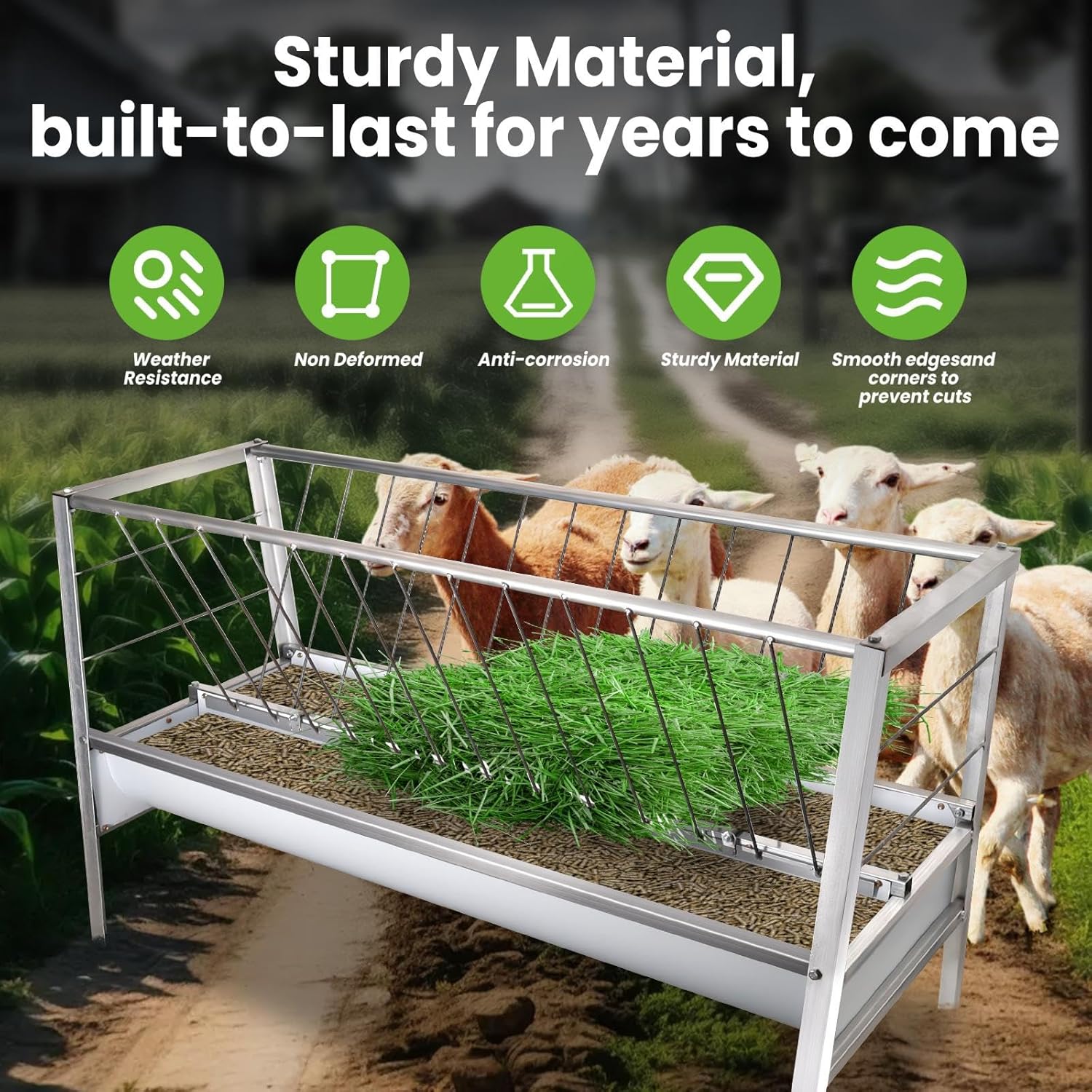 77 Gallon Stainless Steel Goat Hay Feeder, Heavy-Duty Horse & Sheep Hay Trough, Rustproof Galvanized Livestock Feeder, Wall-Mounted Dual-Compartment Design for Hay & Grain