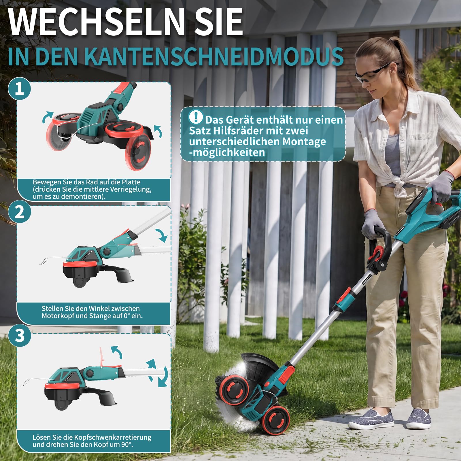 Rasentrimmer mit Akku, 5-IN-1 Rasentrimmer mit Unkrautbürste/Rädern, 21V/2 * 4.0Ah Akku Rasentrimmer, 900W Bürstenloser Motor Akku Freischneider, Akku Motorsense für Rasen, Garten, Hof