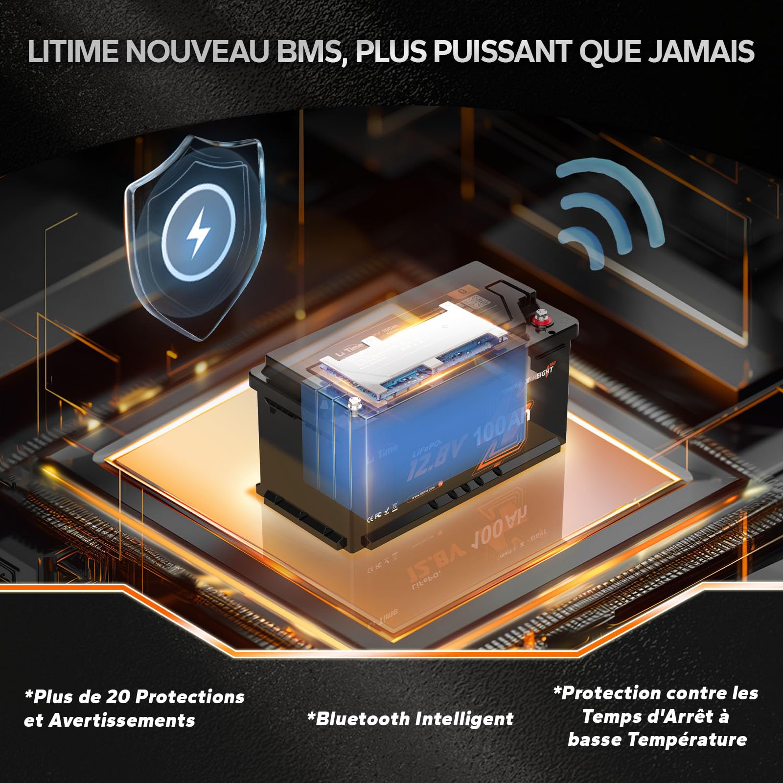 LiTime Batterie Lithium LiFePO4 12V 100Ah H190 avec Bluetooth pour Sièges de Camping-Car Européens: DIN H8 L5, 4000-15000 Cycles Profonds, Énergie 1280Wh, Parfait pour Caravane RVs, Fourgons
