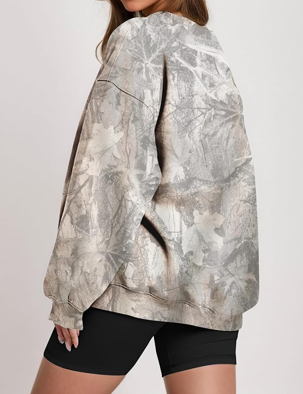 JEIBKOUY Womens Camo Sweatshirt Oversized Graphic Maple Leaf Print Crewneck Long Sleeve Y2k Trendy Fall Pullover Hoodies image 3