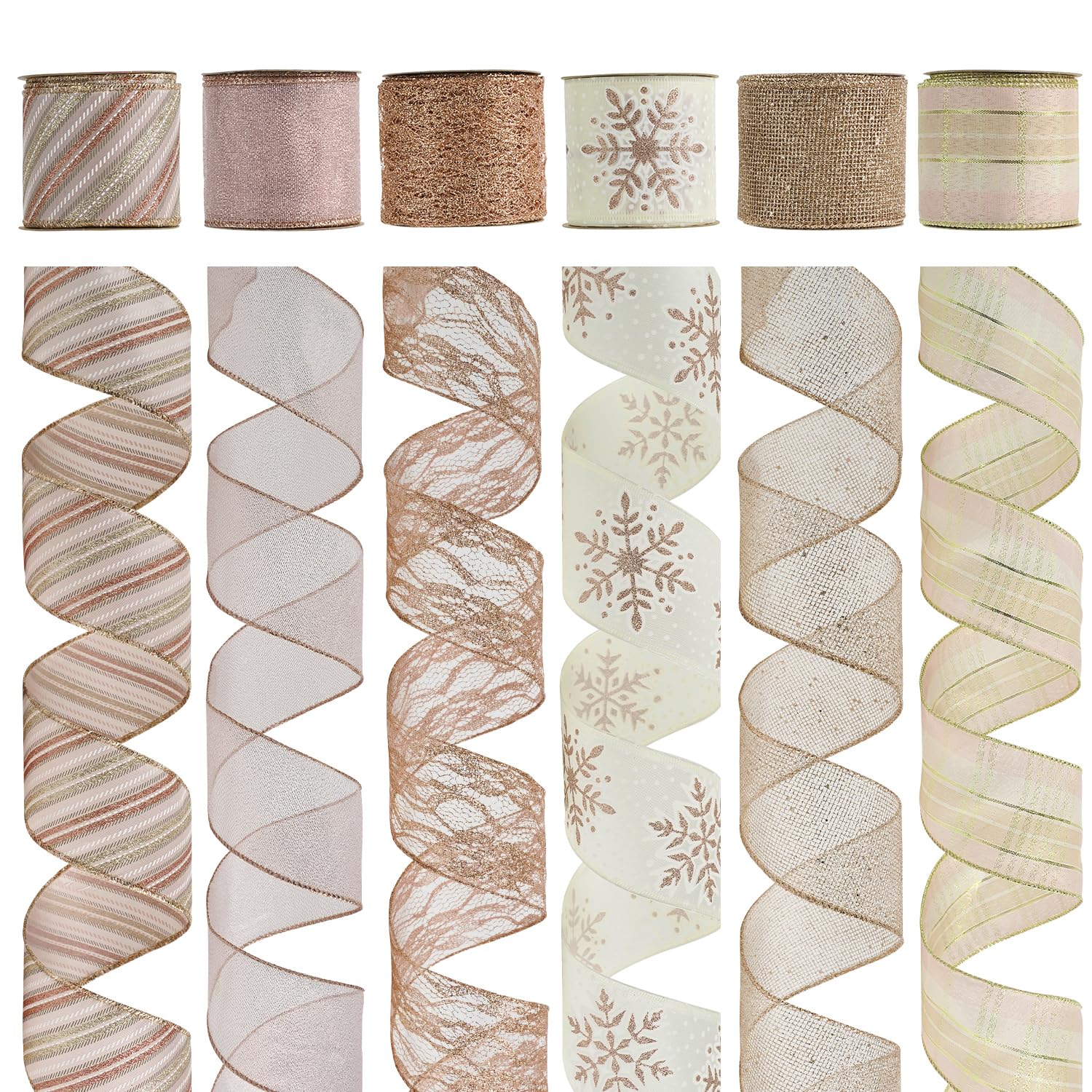 Rose Gold Ribbon for Christmas Tree Rose Pink Wired Christmas Ribbon for Tree Decorations, Wreaths, Garlands, Gift Wrapping Crafts, Home Decor (2.5" x 6 Rolls, 36 Yards Total)