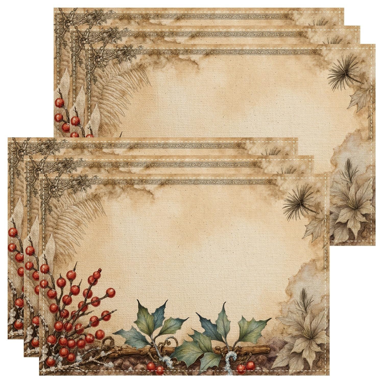 Christmas Holly Berries Placemats, Rustic Botanical Place Mats for Dining Table, Winter Holiday Non-Slip Washable Decorative Placemat Set of 6