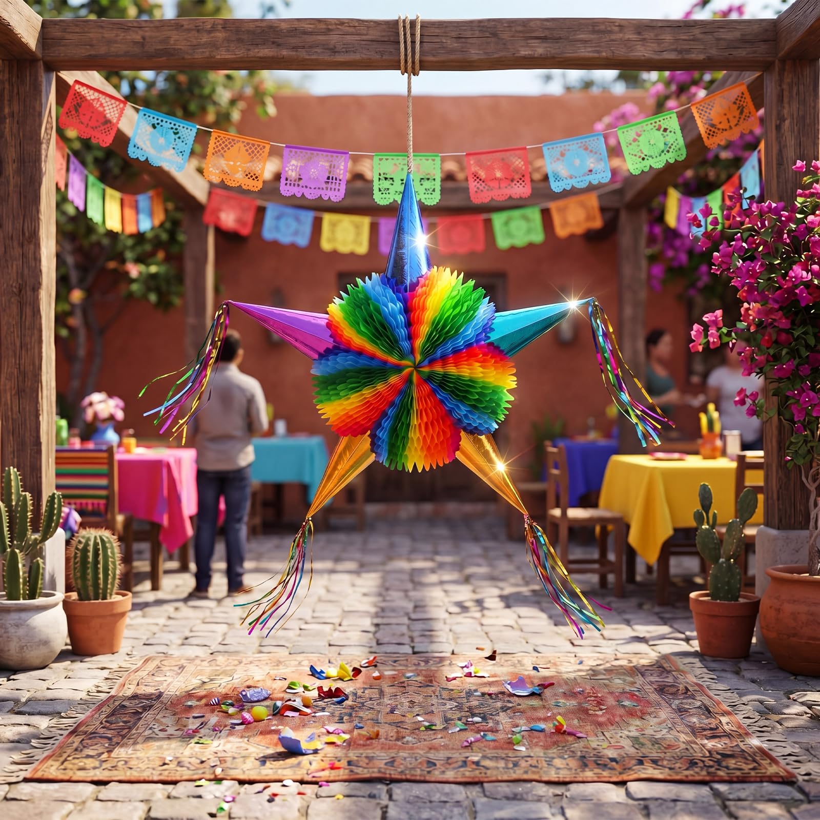 Set di piñata grande da 66 cm con bastone bendato, coriandoli pieghevoli messicani Fiesta Piñata arcobaleno decorazioni a nido d'ape per Cinco De Mayo festa di compleanno Carnevale Taco