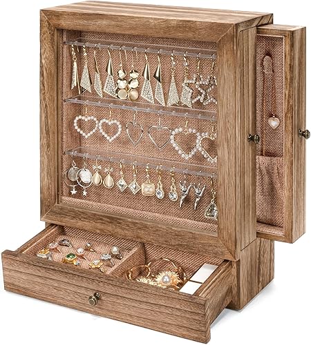 Yoimori Joyero con ventana de cristal organizador de joyas de 3 capas con 2 cajones laterales cajas de joyería de madera rústica y organizadores