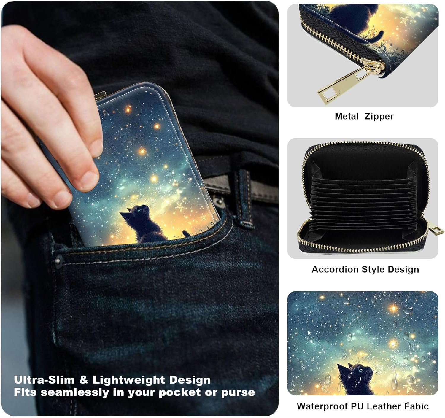 Womens Card Wallet with Zipper, RFID Blocking Small Credit Card Holder Case, PU Leather Accordion Card Wallet for Women, Compact Travel ID & Cash Organizer, Black Cat Sky - Image 6