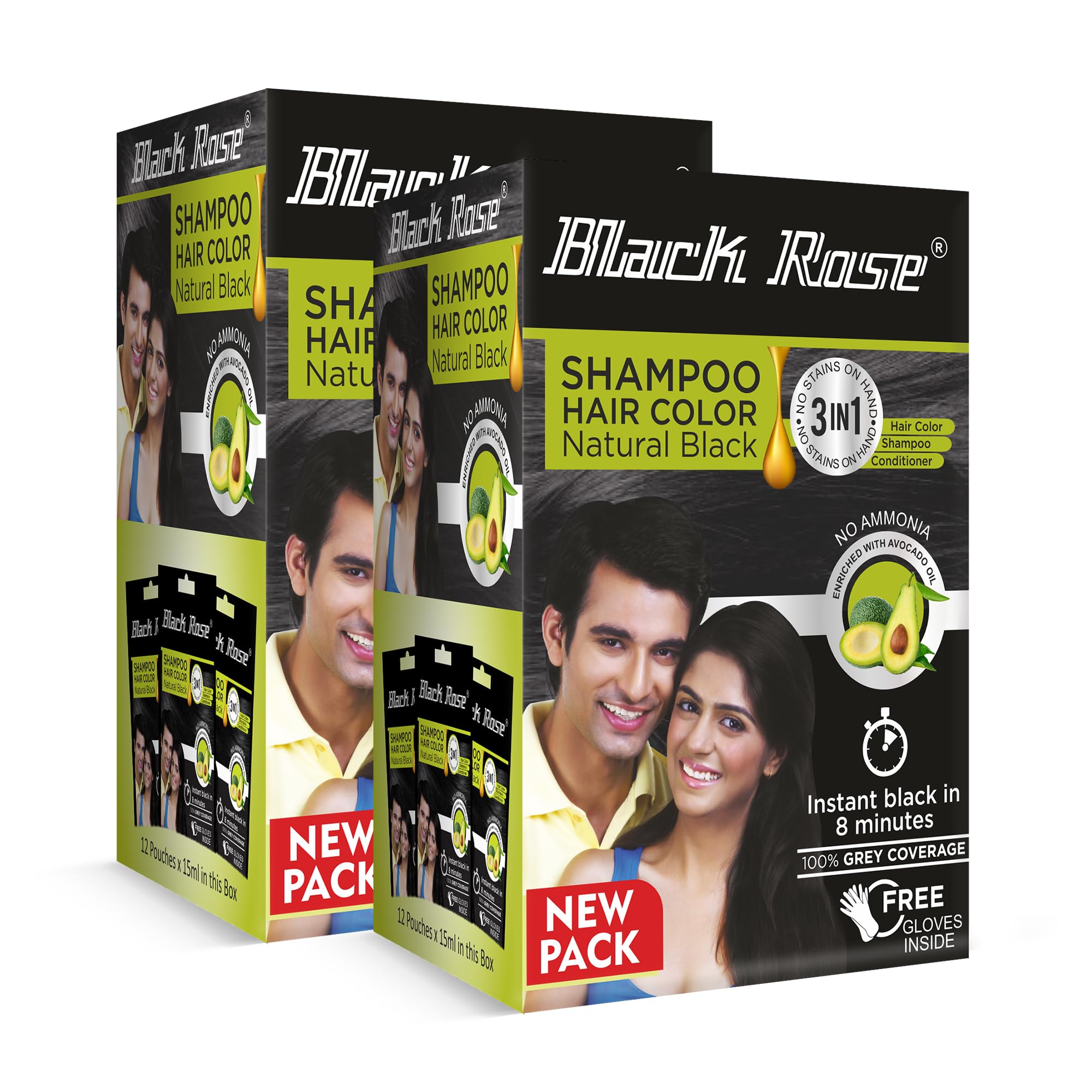 Black Rose Shampoo Hair Color/Colour with Avocado Oil | 100% Grey Coverage, Ammonia-Free, 8-Minute Instant Hair Dye for Men & Women | Natural Black, 24 Pouches (15ml Each), Pack of 2-image-40