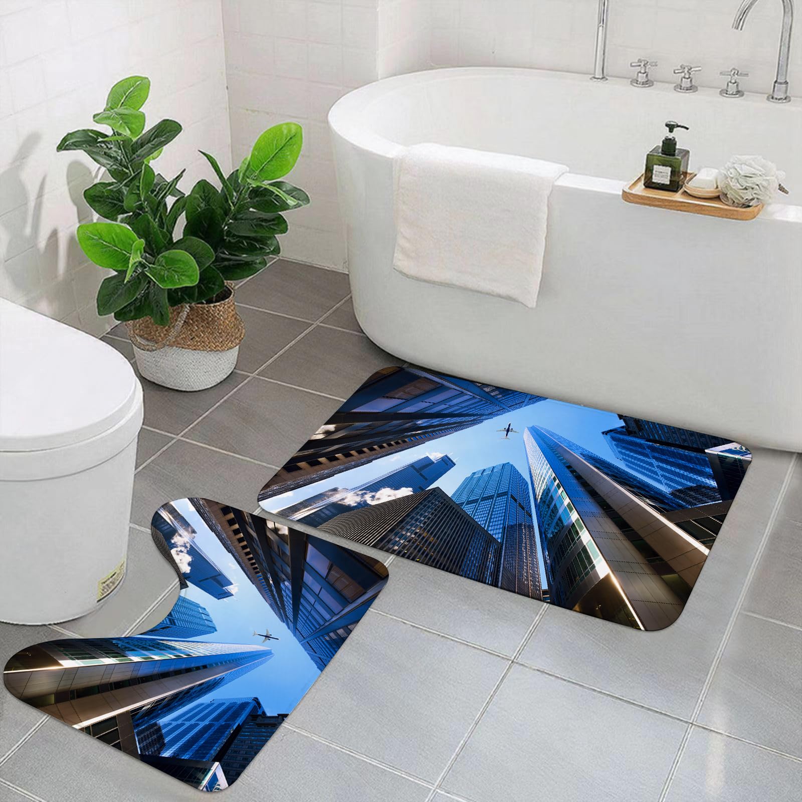 Set di 2 tappetini da Bagno, Lavabili in Lavatrice e Antiscivolo, in Morbida Fibra Superfine, con Vista Urbana sui grattacieli del Distretto finanziario di Chicago.